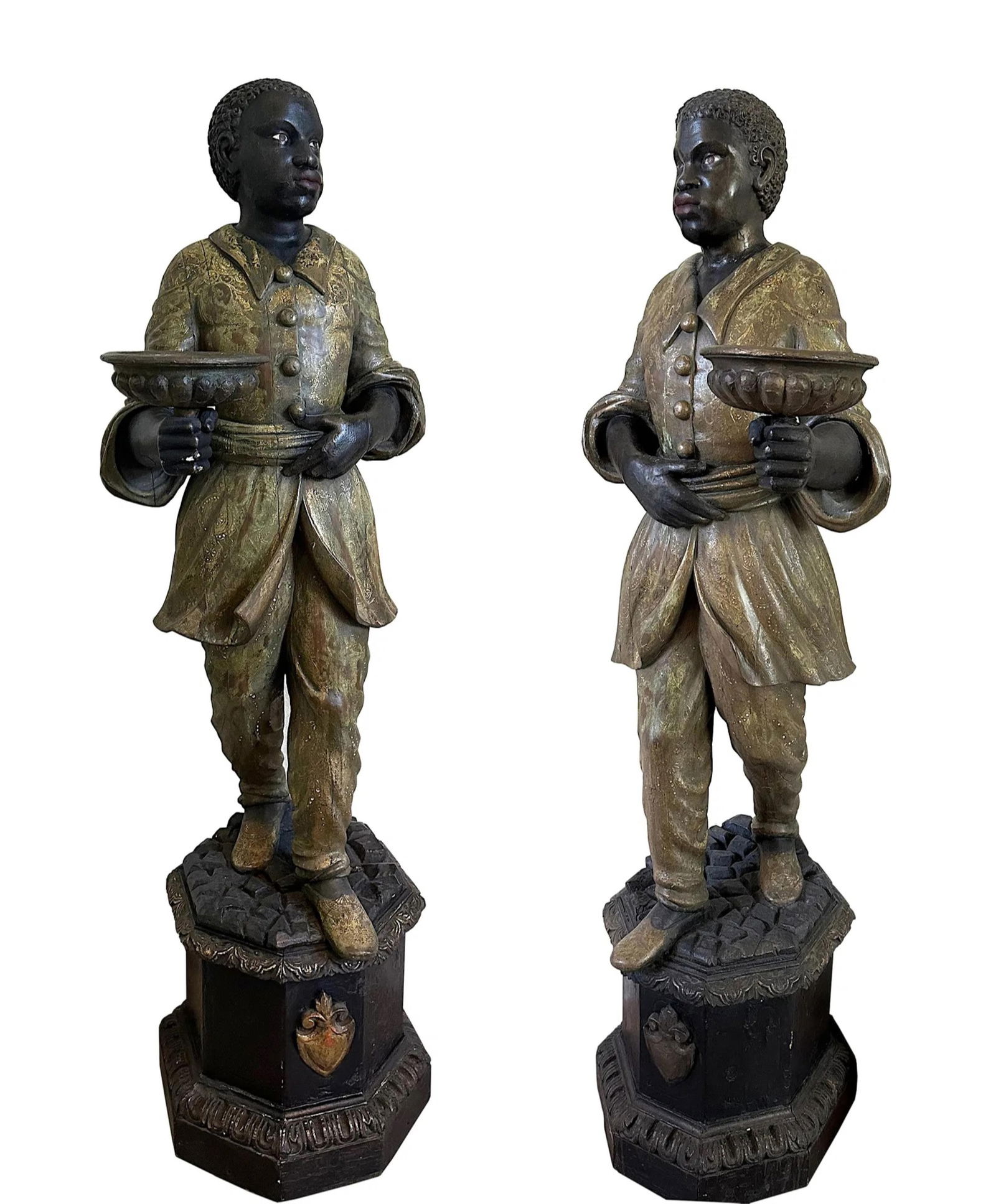 Fine/Rare Pair of Spanish Carved & Painted Wood Figures of Moors, Early 19th Century, probably: Fine/Rare Pair of Spanish Carved & Painted Wood Figures of Moors Early 19th Century, probably Spanish. Each in an elaborate gilt decorated frock and leggings, with short curled hair, one arm extended