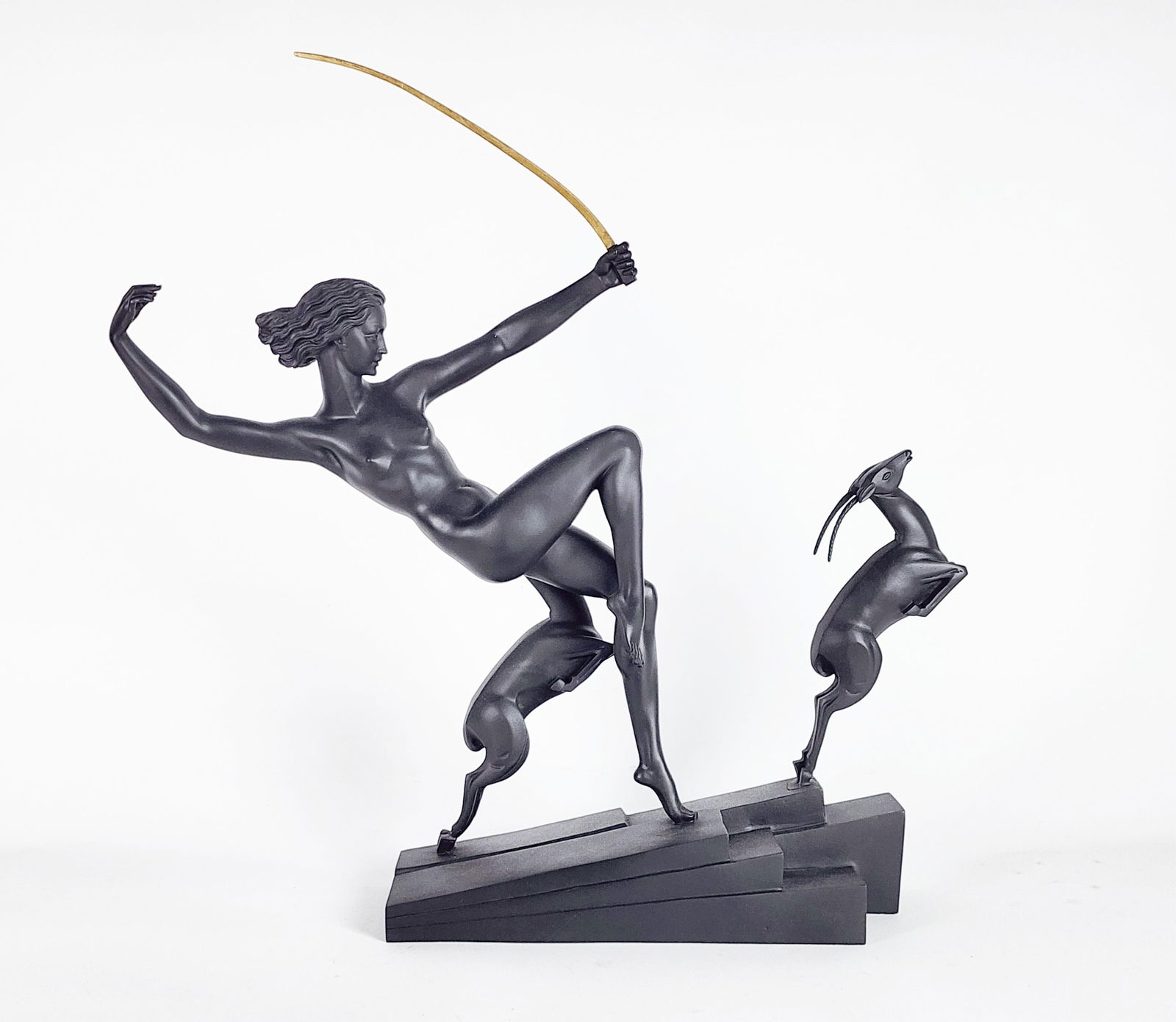 Art Deco Bronze Sculpture Diana And Stag Sculpture, Signed Bouraine (Marcel Andre, 1886-1948),,: Art Deco Bronze Sculpture Diana And Stag Sculpture, Signed Bouraine (Marcel Andre, 1886-1948), Diana and Stags, Signed Bouraine, 24 3/4" h. 25 1/2" w. 5" d., has been re-patinated, missing lower porti