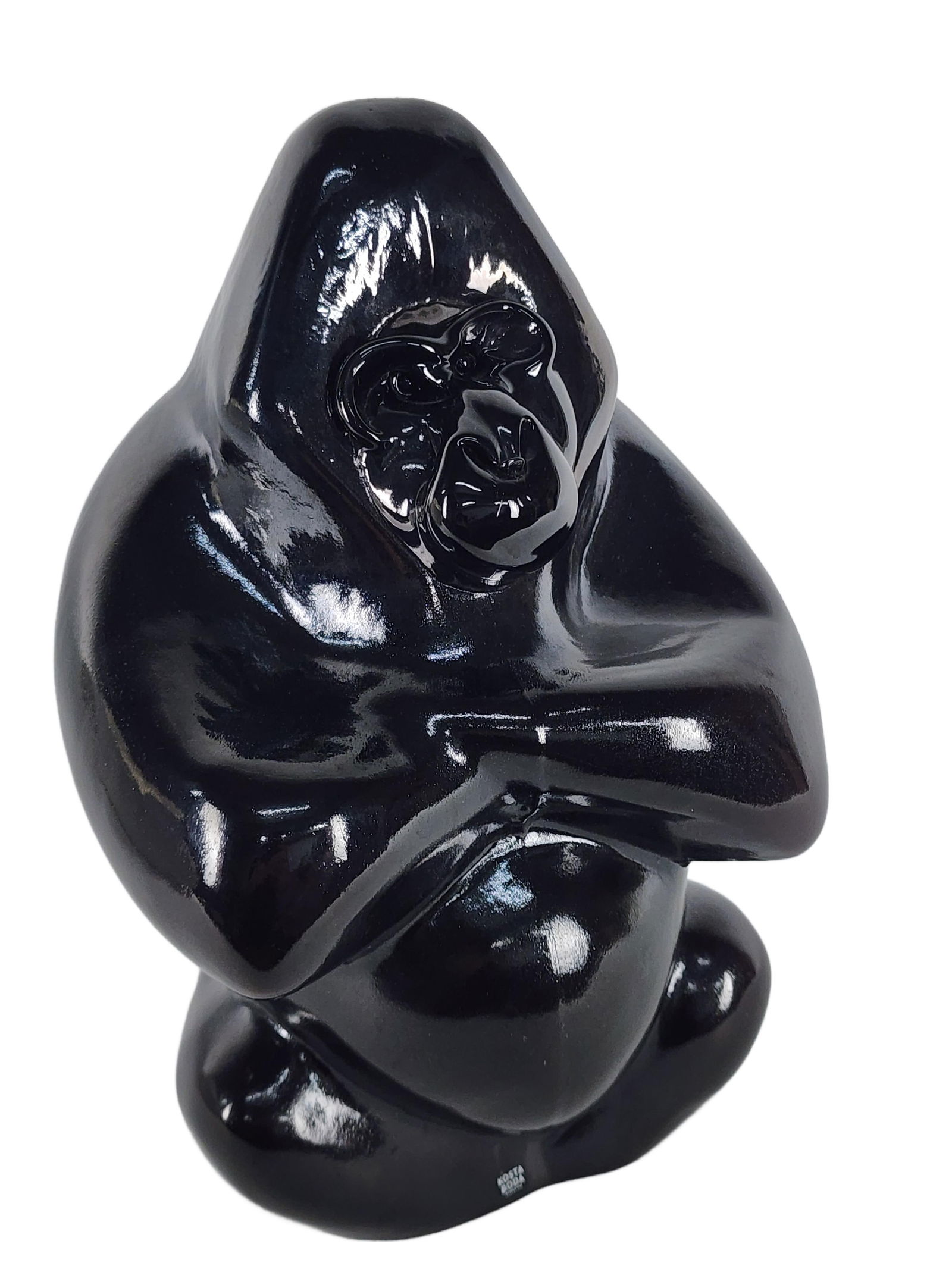 Kosta Boda Black Glass Sculpture of a Gorilla, Gabba Gabba Hey, designed in 2010 by Ludvig Lofgren,: Kosta Boda Black Glass Sculpture of a Gorilla, Gabba Gabba Hey, designed in 2010 by Ludvig Lofgren, 12" h., in the original presetation box.
