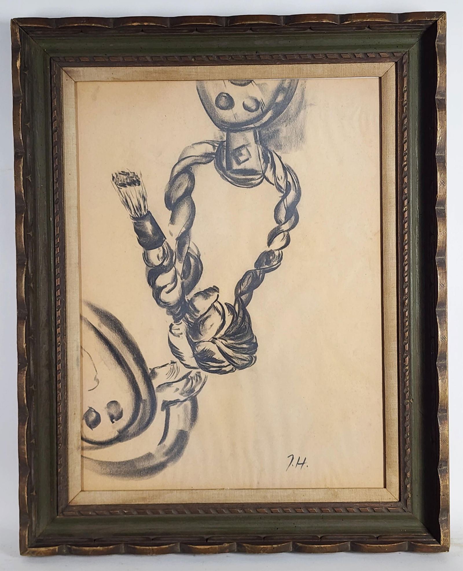 American School (Early 20th Century) Study of a Machine Rope and Pulley, Charcoal and Pencil: American School (Early 20th Century) Study of a Machine Rope and Pulley, Charcoal and Pencil Drawing, Monogrammed, Sight-23 3/4" x 17 5/8", Framed-30 3/8" x 24 3/8"
