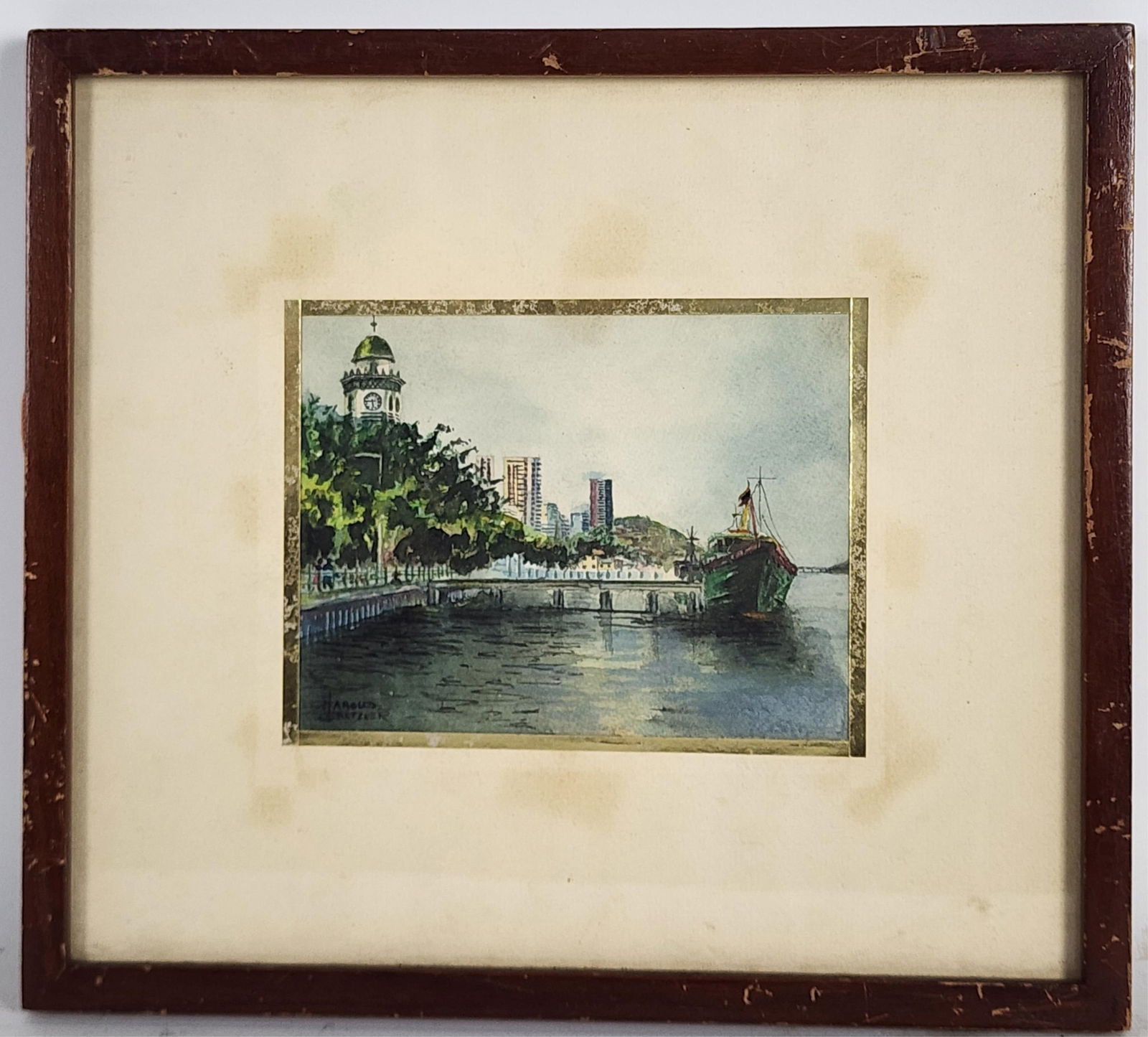 Harold Gretzner (American, 1902-1977) Waterway with Buildings and Ship, Watercolor on paper, Signed: Harold Gretzner (American, 1902-1977) Waterway with Buildings and Ship, Watercolor on paper, Signed Harold Gretzner lower left, Sight-4 5/8" x 6 1/8", Framed-11" x 12 1/4"