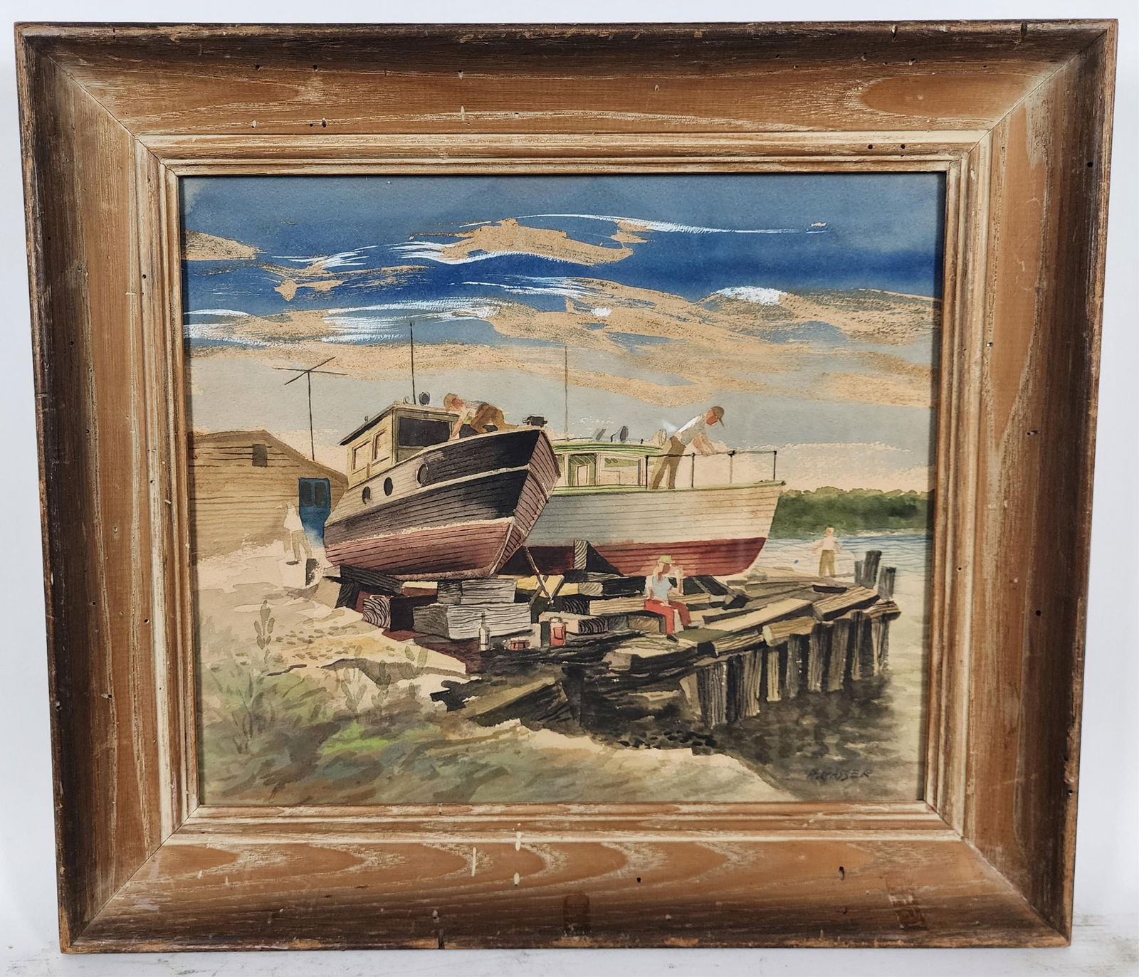 Henry Martin Gasser (American, 1909-1981) Landscape with Dry Dock Boats and Figures, Watercolor on: Henry Martin Gasser (American, 1909-1981) Landscape with Dry Dock Boats and Figures, Watercolor on paper, Signed H. Gasser lower right, Sight-12 1/2" x 14 3/4', Framed-17 1/4" x 19 1/2"