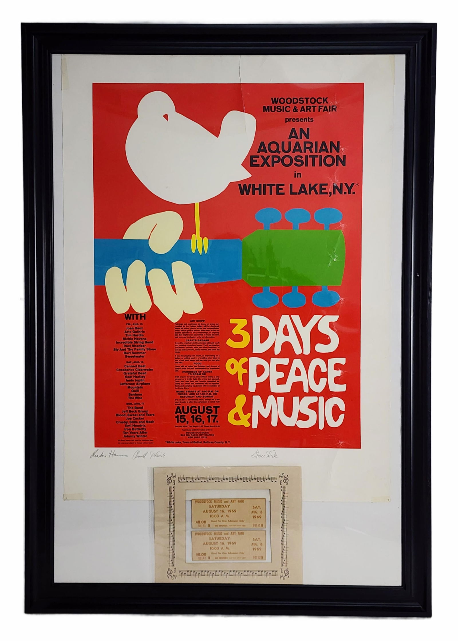 A 20th Anniversary Commemorative Woodstock Color Lithograph by Arnold Skolnick, Signed by Richie: A 20th Anniversary Commemorative Woodstock Color Lithograph by Arnold Skolnick, Signed by Richie Havens, Arnold Skolnick, and Grace Slick in the lower margin, 30" x 22", has a tear with some creasing