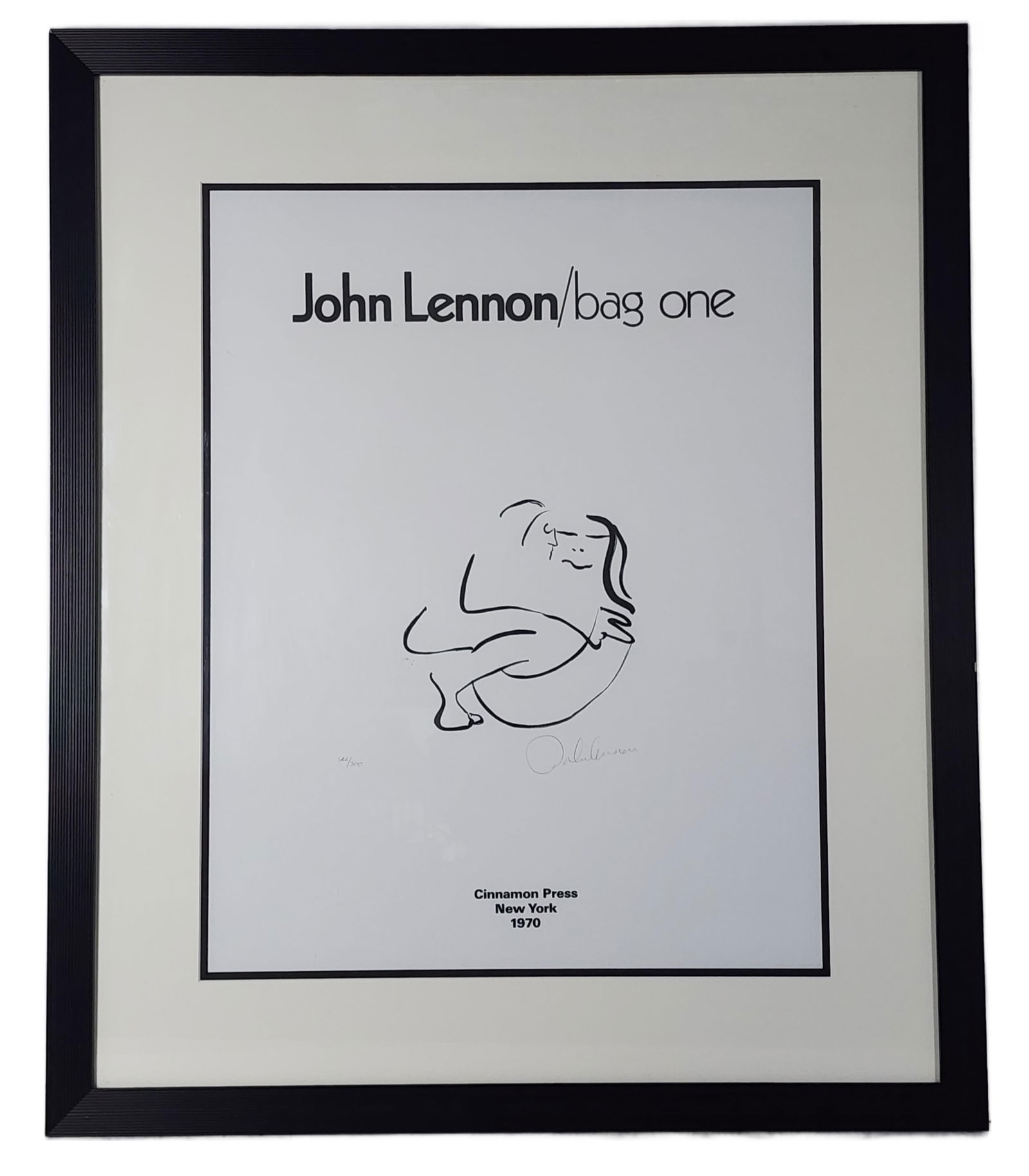 John Lennon (English, 1940-1980) Bag One, Title Page, Signed in pencil and numbered Limited edition: John Lennon (English, 1940-1980) Bag One, Title Page, Signed in pencil and numbered Limited edition 30" x 22", Framed-37 1/2" x 31", The Bag One Frontispiece lithograph suite title page released by Ne