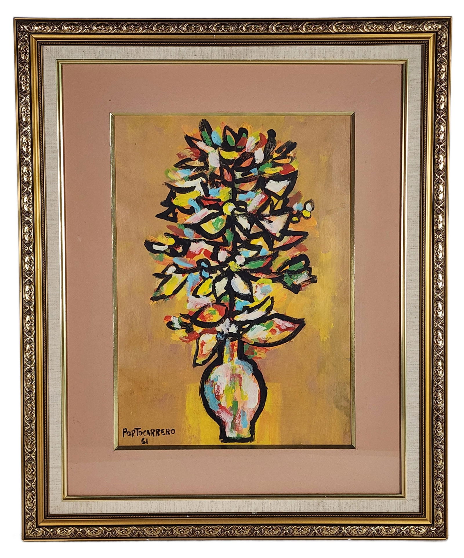 Rene Portocarrero (Cuban, 1912-1985) Still Life of Flowers, Oil on board, Signed Portocarrero and: Rene Portocarrero (Cuban, 1912-1985) Still Life of Flowers, Oil on board, Signed Portocarrero and dated '61, 20" x 16", Framed-23 1/2" x 19 1/2"