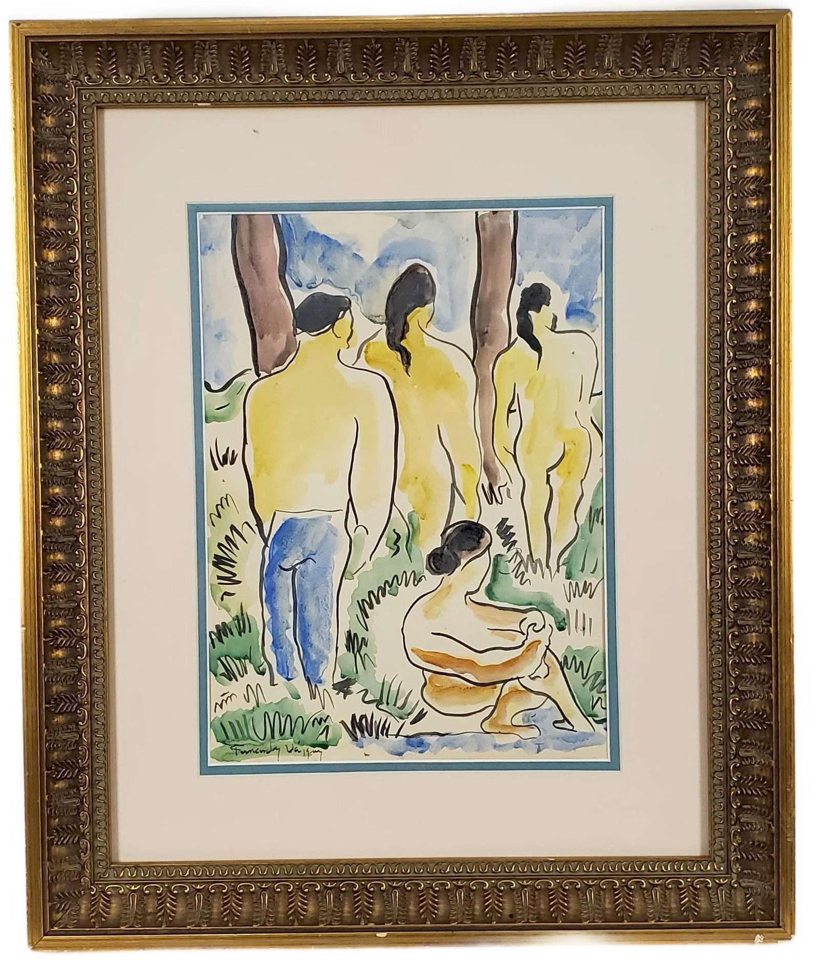 Aristides Fernandez (Cuban, 1904-1934) Figures in a Landscape, Signed lower left, Watercolor on: Aristides Fernandez (Cuban, 1904-1934) Figures in a Landscape, Signed lower left, Watercolor on paper, 11 1/2" x 8 1/2", Framed-18 1/4" x 15 1/4", Accompanied by a Appraisal Certification from Roberto