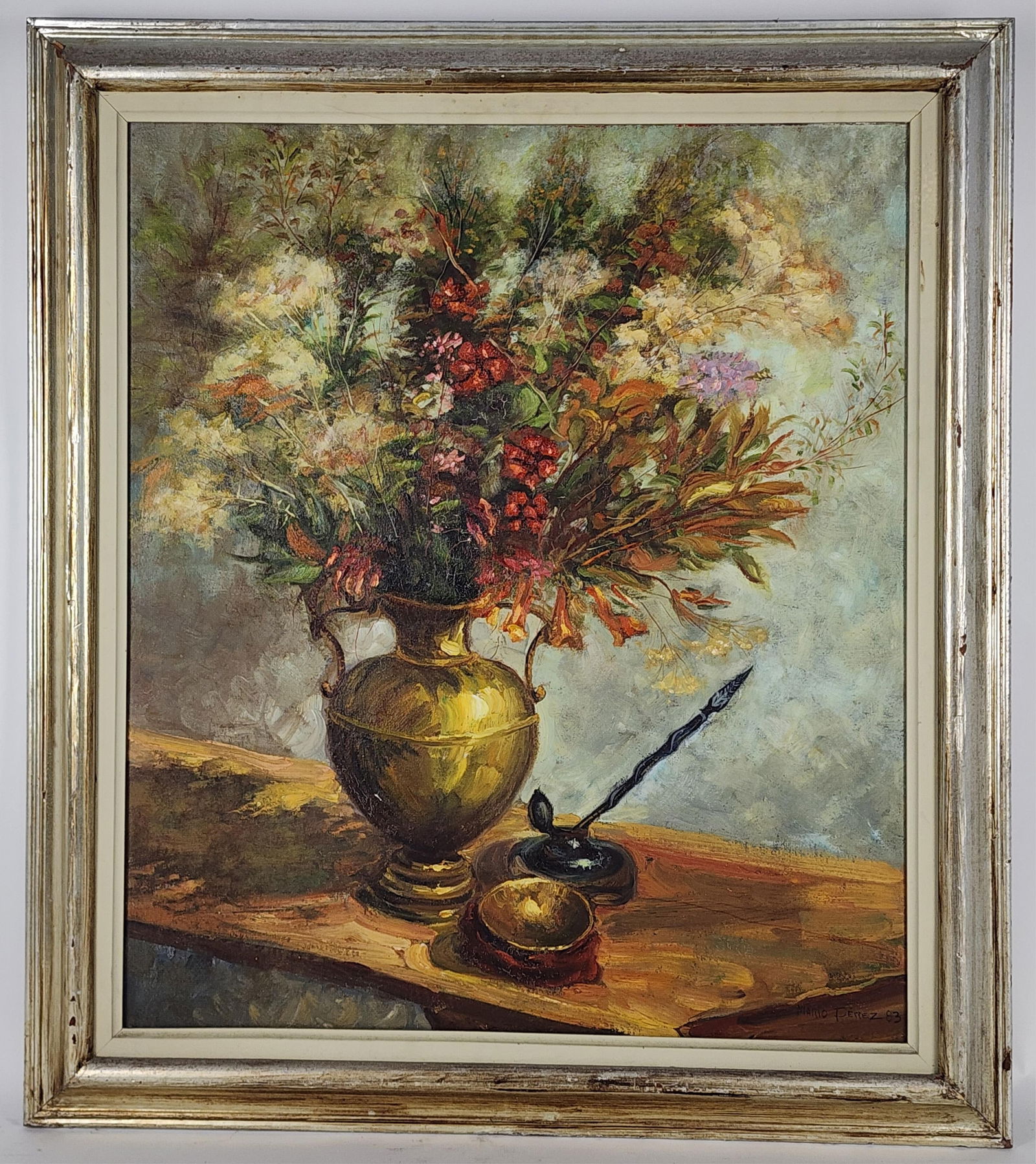 Mario Perez (Spanish, 20th Century, Still Life of Flowers in a Vase with Quill Pen, Signed Mario (1 of 5)