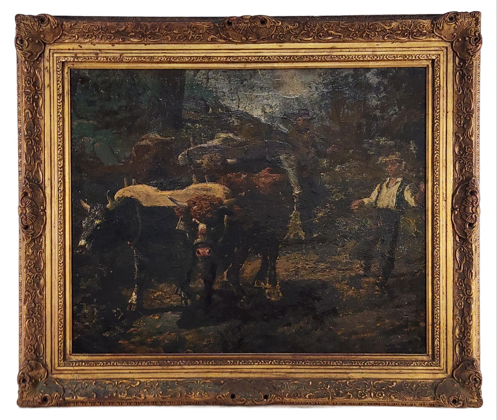 Howard Pyle (American, 1853-1911) Landscape with Farmer and Oxen Cart, Oil on Canvas, Signed H. Pyle: Howard Pyle (American, 1853-1911) Landscape with Farmer and Oxen Cart, Oil on Canvas, Signed H. Pyle lower left, 26" x 32", Framed-34 1/2" x 40 1/2", canvas re-lined, has some craquelure with old varn