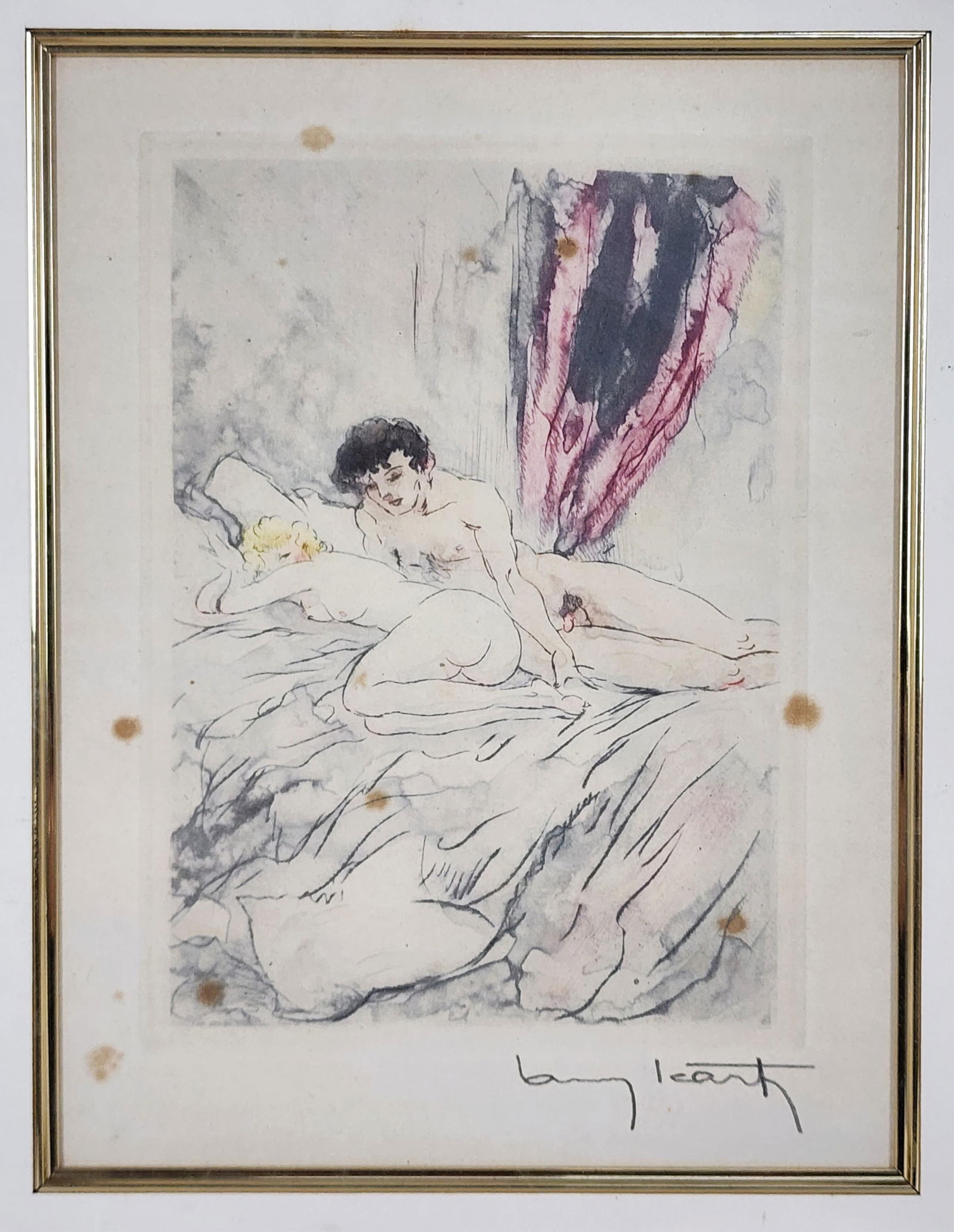 Louis Icart (French, 1888-1950) Young Lovers, Drypoint Etching with Aquatint, Signed Louis Icart in: Louis Icart (French, 1888-1950) Young Lovers, Drypoint Etching with Aquatint, Signed Louis Icart in pencil in the lower right margin, from the erotic suite of etchings, La Nuit et le Moment, c.1946-47