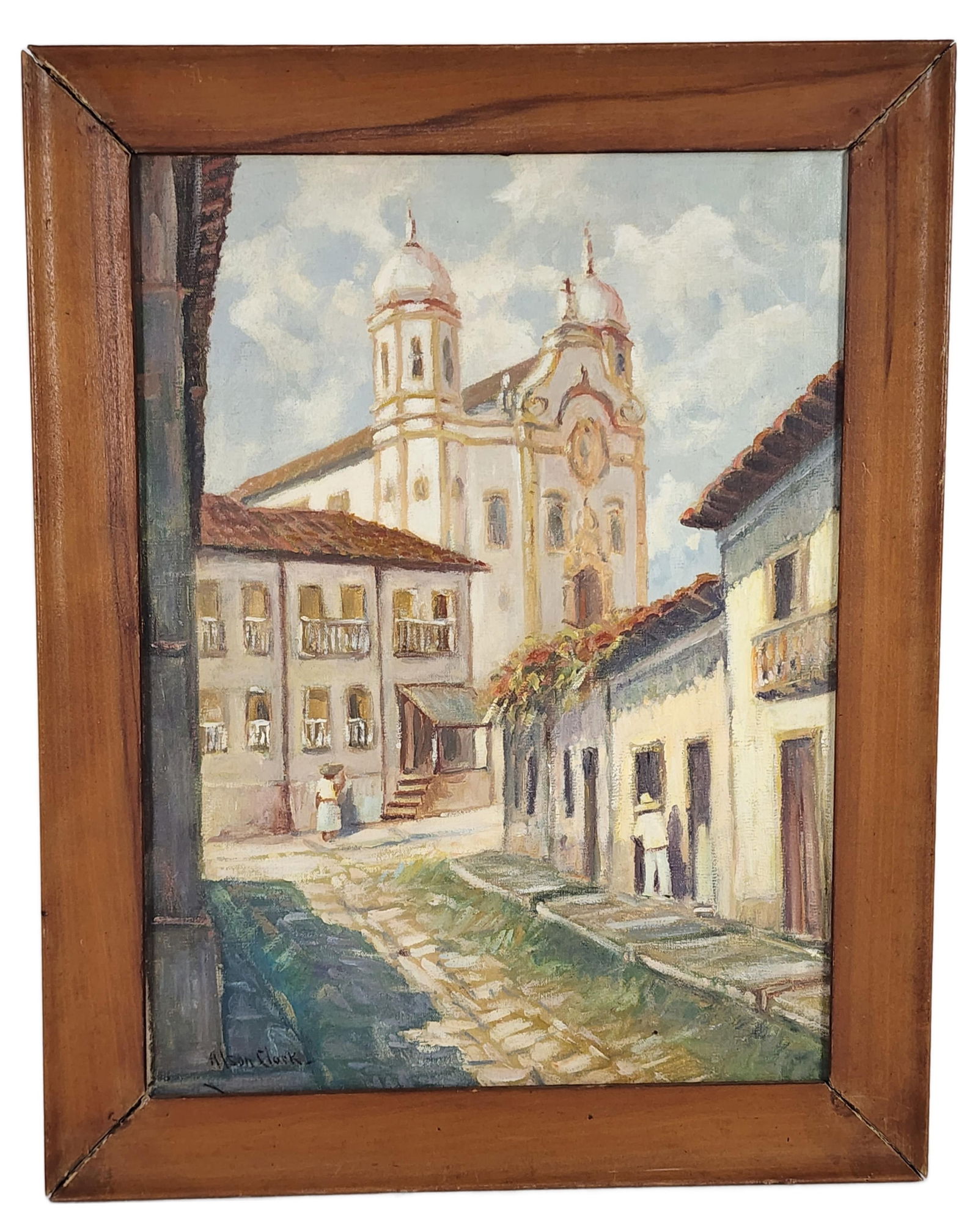 Alson Clark (American, 1876-1949) Mexican Town with Church and Figures, Oil on canvas, Signed Alson: Alson Clark (American, 1876-1949) Mexican Town with Church and Figures, Oil on canvas, Signed Alson Clark lower left, 15" x 11 1/2", Framed-17 7/8" x 14"
