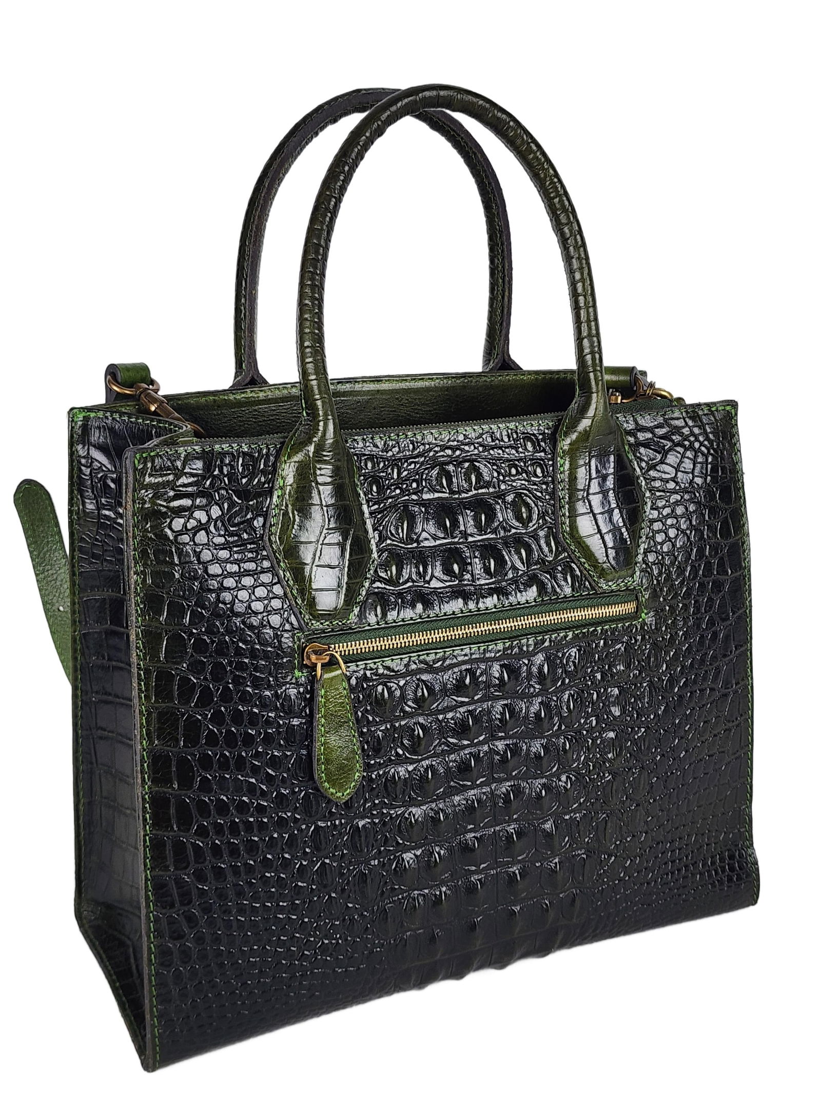 Ladies Pijushi Faux Wax Green Crocodile Leather Handbag, 12" x 13" x 6", in good condition, from (1 of 6)