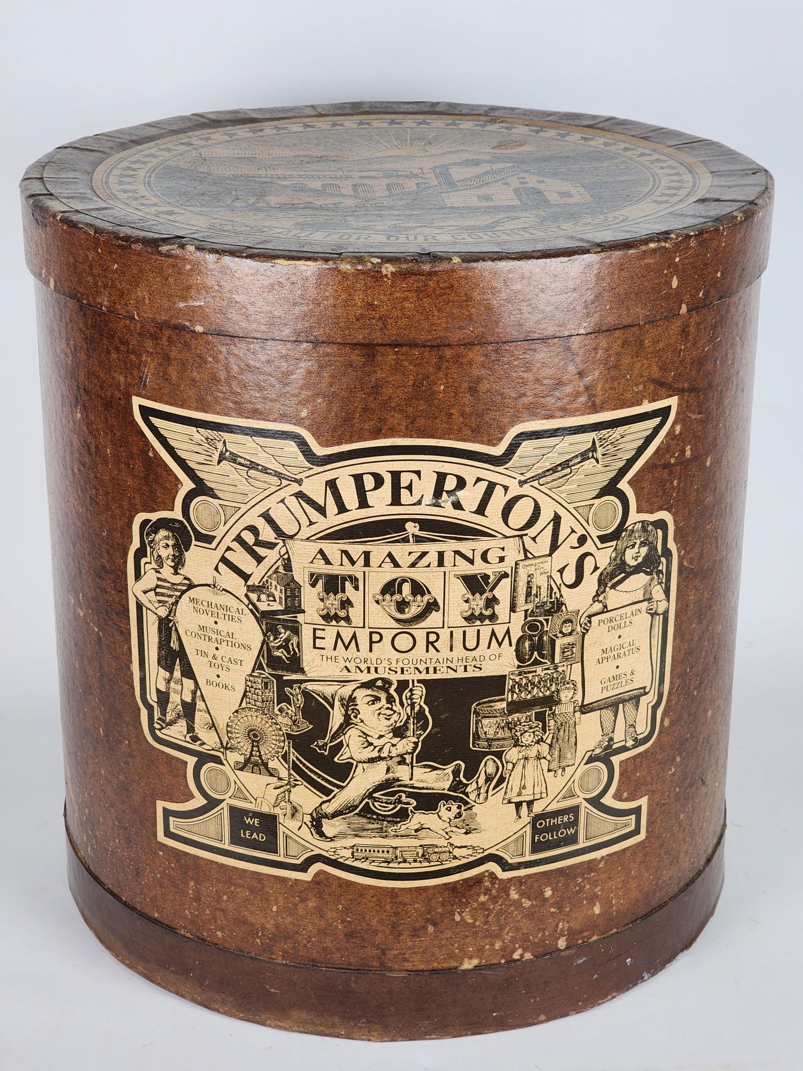 Vintage Trumpertons Amazing Emporium Fun Functional Lidded Box, 20th Century, 18" h. 17" dia.: Vintage Trumpertons Amazing Emporium Fun Functional Lidded Box, 20th Century, 18" h. 17" dia.