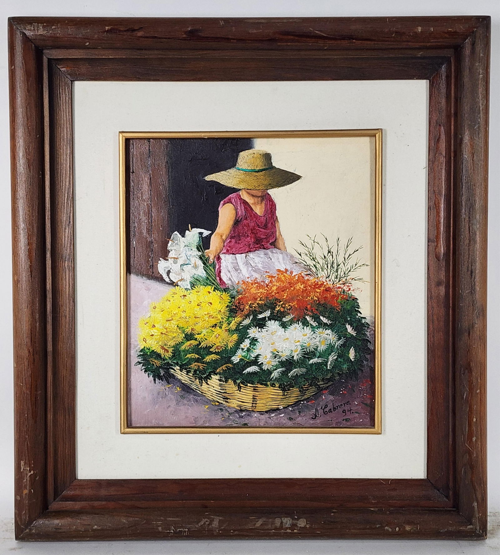 A 20th Century Latin American Oil on Canvas Painting, Flower Seller, Signed A. Cabrera lower right,: A 20th Century Latin American Oil on Canvas Painting, Flower Seller, Signed A. Cabrera lower right, 14" x 12", Framed-24 1/2" x 22 1/4"