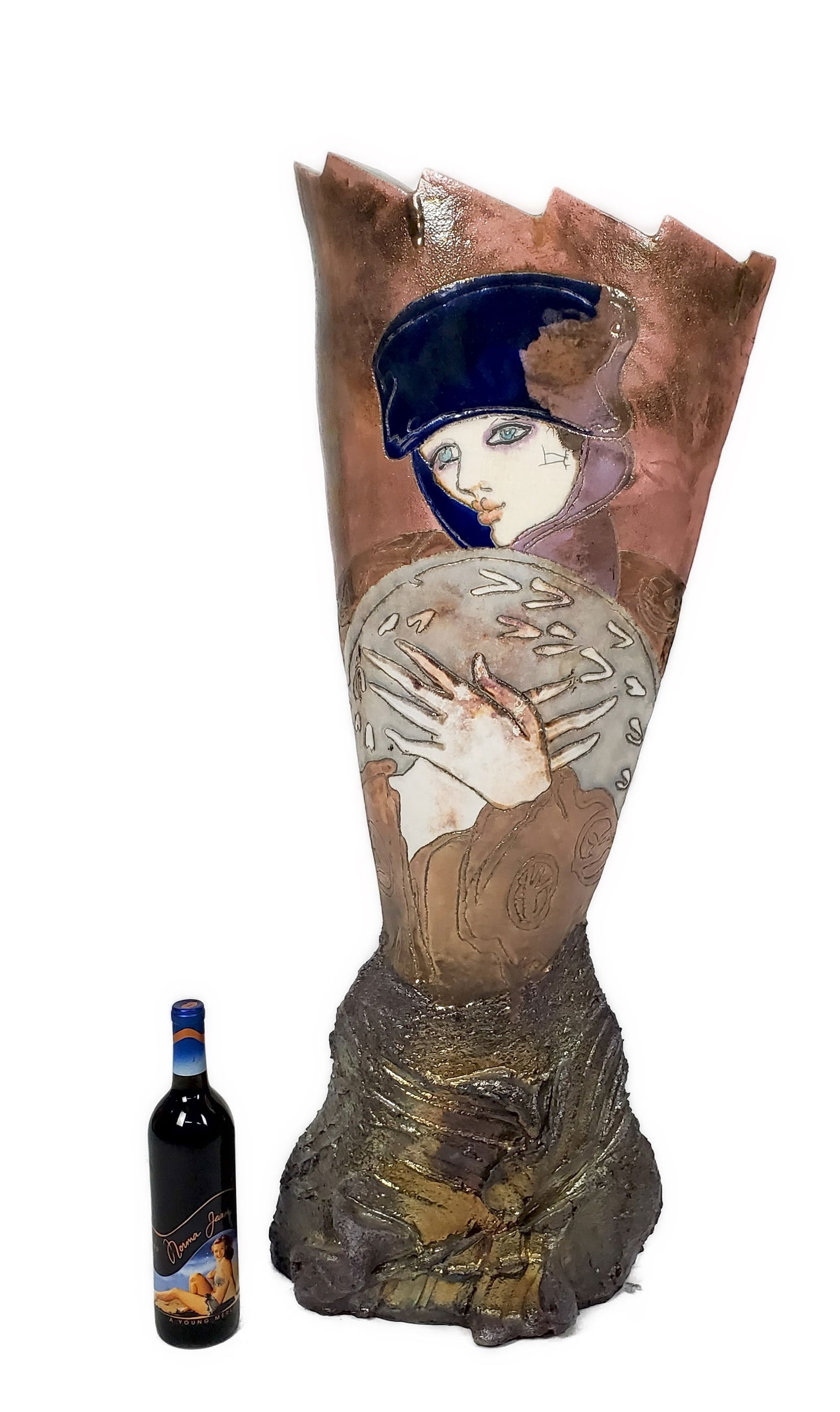 Amazing Tall Ceramic Raku Glazed Studio Ceramic Vase by Susan and Steven Kemenyffy: Susan and Steven Kemenyffy (American, 20th Century) Amazing Tall Ceramic Raku Glazed Studio Ceramic Vase, Lady, Signed, 40" h. 15 3/4" w. 9 1/2" d., good condition, no breaks, repairs, or blemishes. P