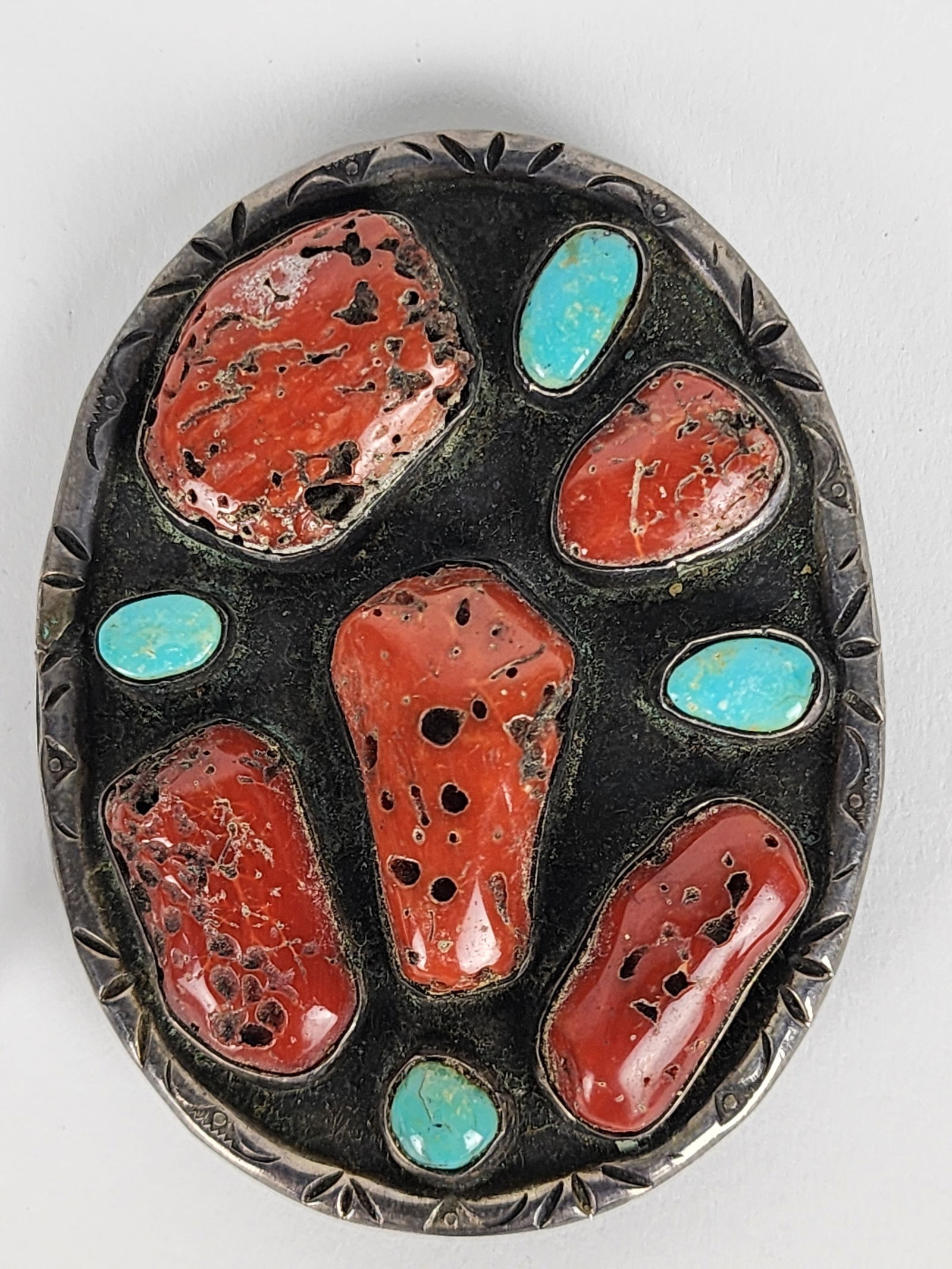 Vintage Native American Navajo Silver, Coral, and Turquoise Bolo Tie (1 of 3)