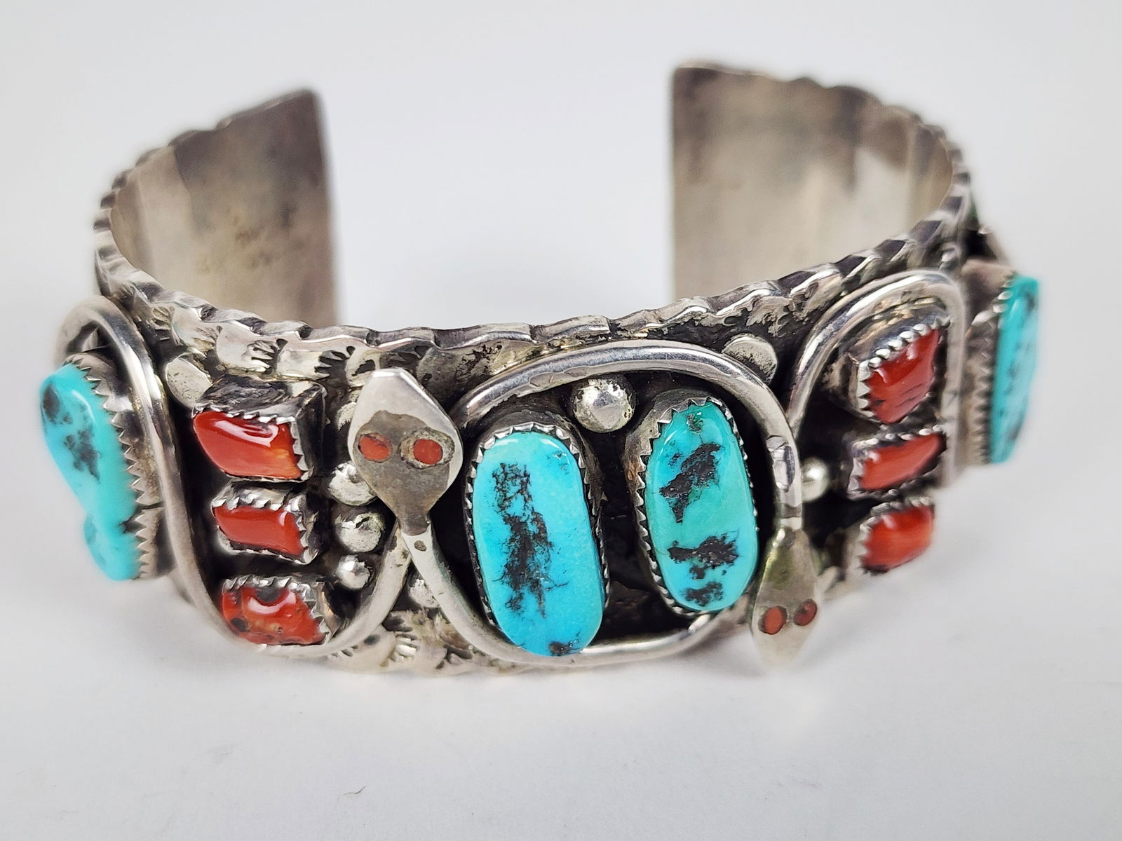 Native American Navajo Silver, Turquoise, and Coral Serpent Cuff Bracelet: Native American Navajo Silver, Turquoise, and Coral Serpent Cuff Bracelet, 1 1/4", 104.4 grams