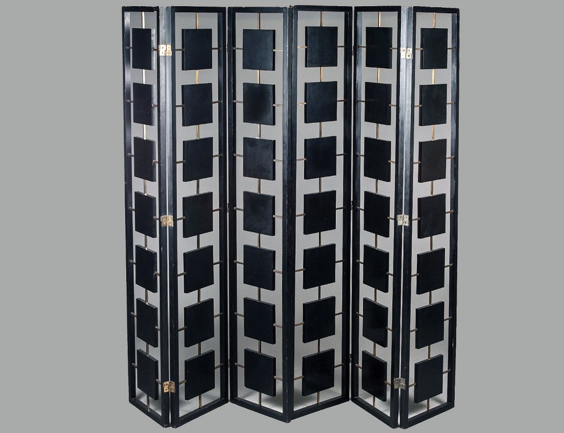 Pair Of Three Panel Paul McCobb Brass And Wood Screens: Circa 1960. Each fold measuring 82" by 16". (2500/3500)