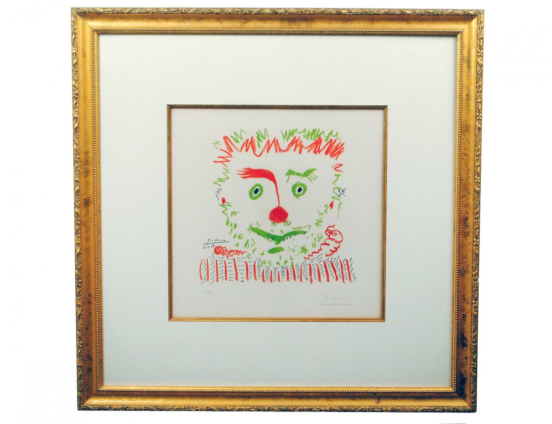 PABLO PICASSO (Spanish. 1881-1973): "Le Clown". Circa 1968. Signed in pencil l/r, numbered 136/300, signed and dated 21.2.68 in the plate. Color Lithograph. Sight measuring 17" by 17". Sheet measuring 26" by 19". Printed by Mourlot. Fra