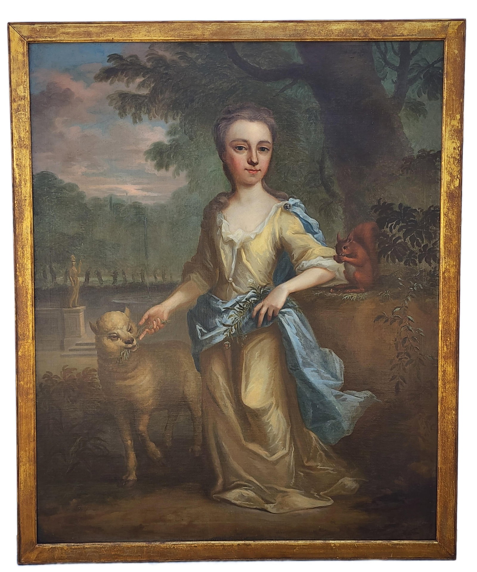 English School (18th Century) Portrait of a Lady with Squirrel and Lamb in a Pastoral Landscape,: English School (18th Century) Portrait of a Lady with Squirrel and Lamb in a Pastoral Landscape, unsigned, Oil on canvas, 50" x 40", Framed-53" x 4 3 1/2"