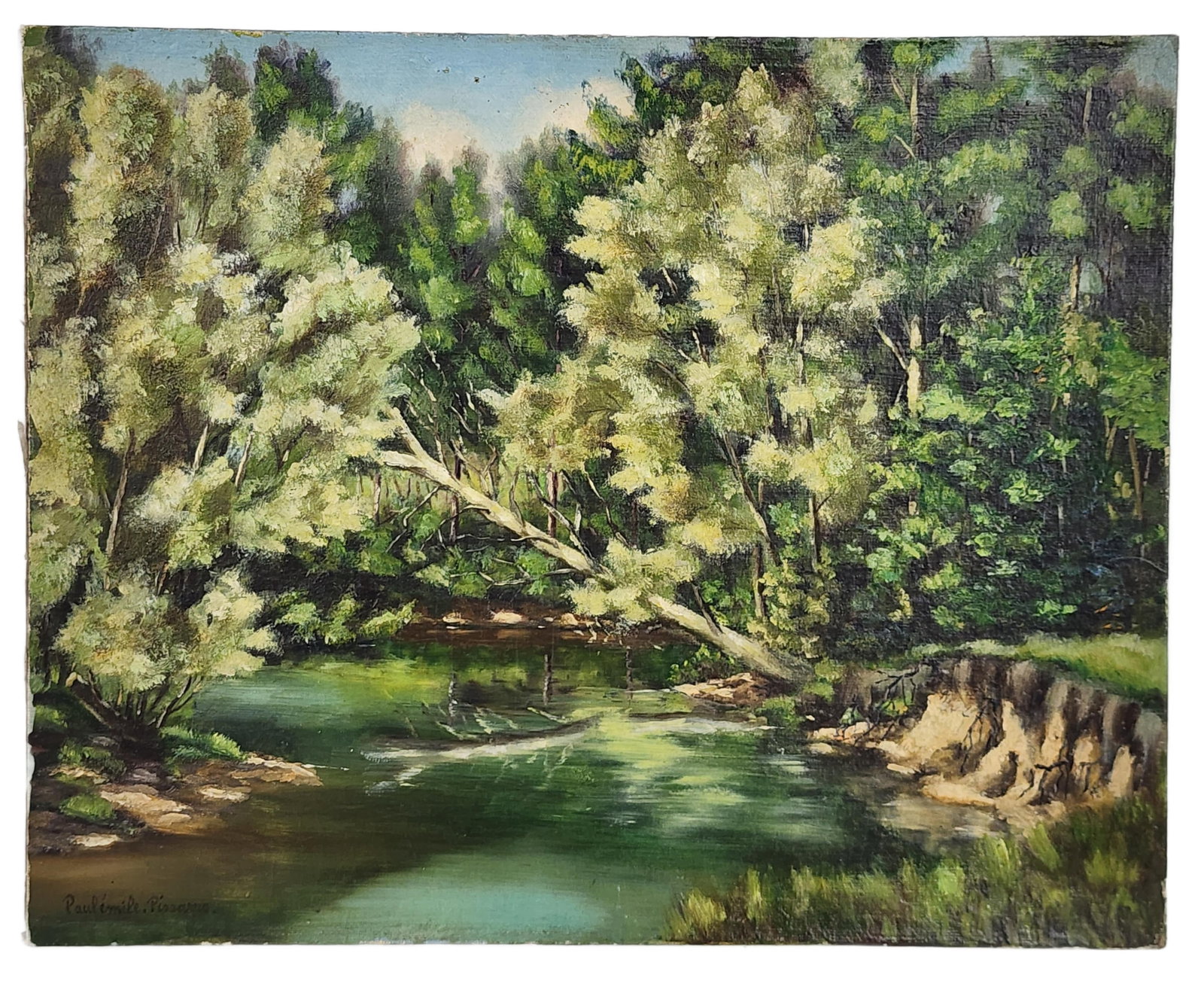 Paul Emile Pissarro (French, 1884-1872) River Forest Landscape, Signed Paul Emile Pissarro lower: Paul Emile Pissarro (French, 1884-1872) River Forest Landscape, Signed Paul Emile Pissarro lower left, Oil on canvasboard, 13" x 16 1/4", unframed, board is slightly warped from age.