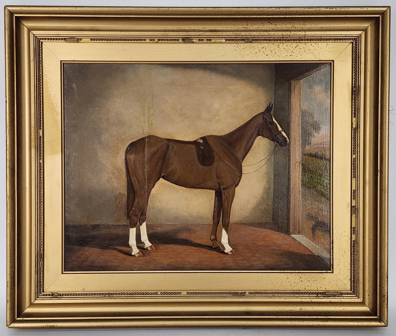 Albert William Clark (English, 1880-1963) Horse Portrait in Stable, Oil on canvas, Signed and: Albert William Clark (English, 1880-1963) Horse Portrait in Stable, Oil on canvas, Signed and Inscribed by the artist on back, 14" x 18", Framed-20 5/8" x 24 1/2"