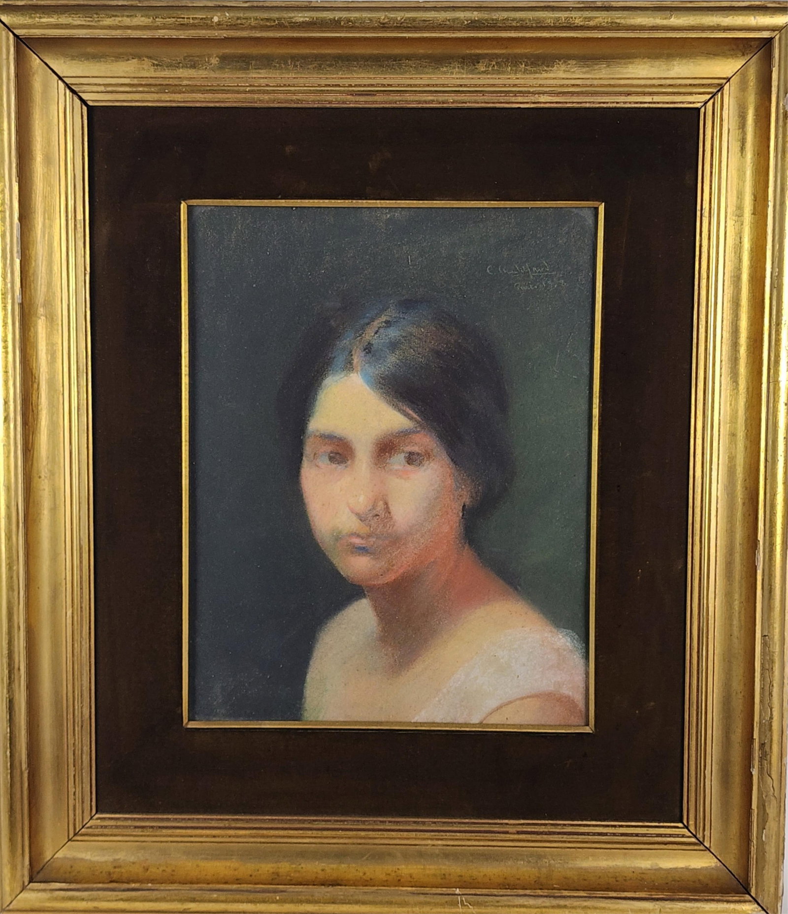 French School (Early 20th Century) Portrait of Lady, Signed illegibly and inscribed Paris and dated: French School (Early 20th Century) Portrait of Lady, Signed illegibly and inscribed Paris and dated 19??, Pastel on paper, Sight-15 1/4" x 12 3/4", Framed-24 3/4" x 21 5/8"
