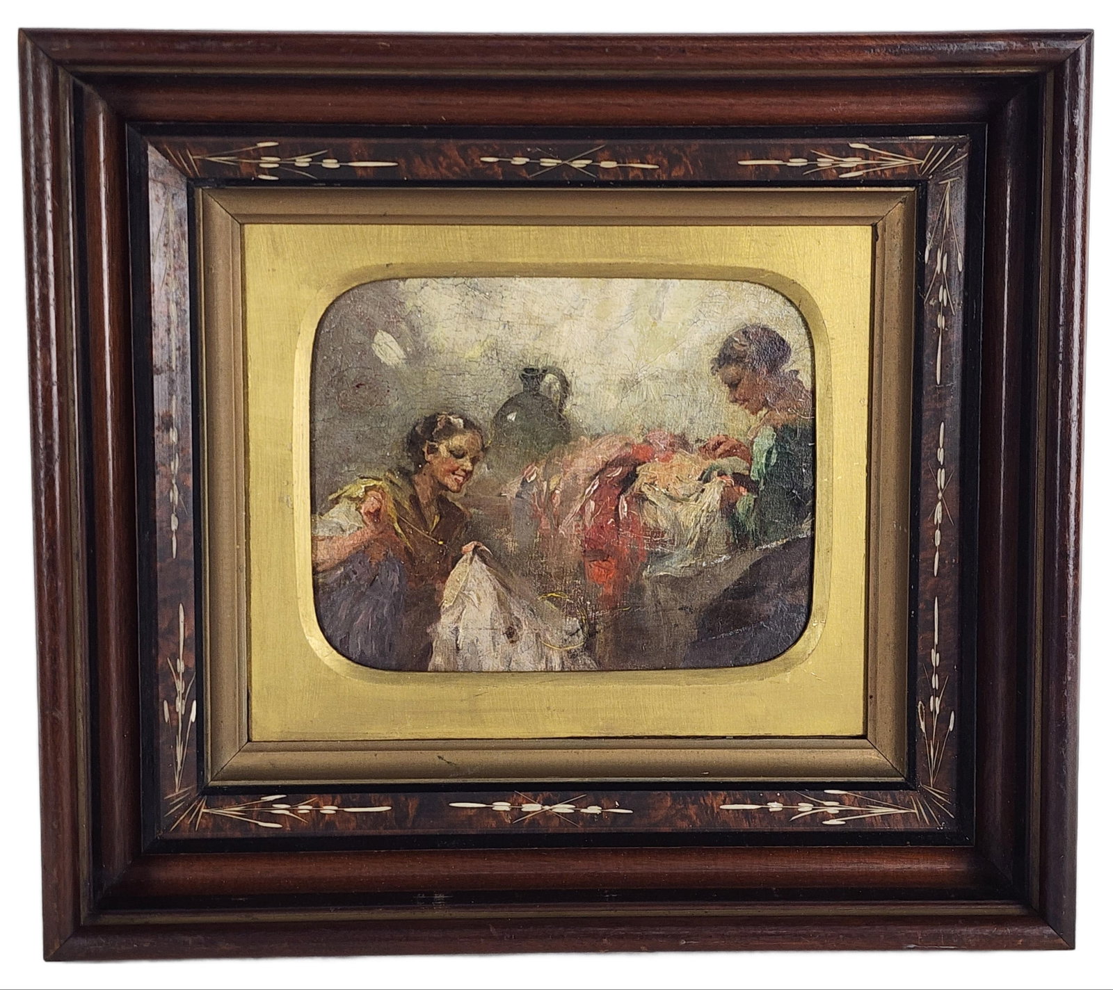 Late 19th Century Oil on Panel Painting, Two Women Sewing, Unsigned, Oil on board, 8" x 10 1/2", (1 of 5)