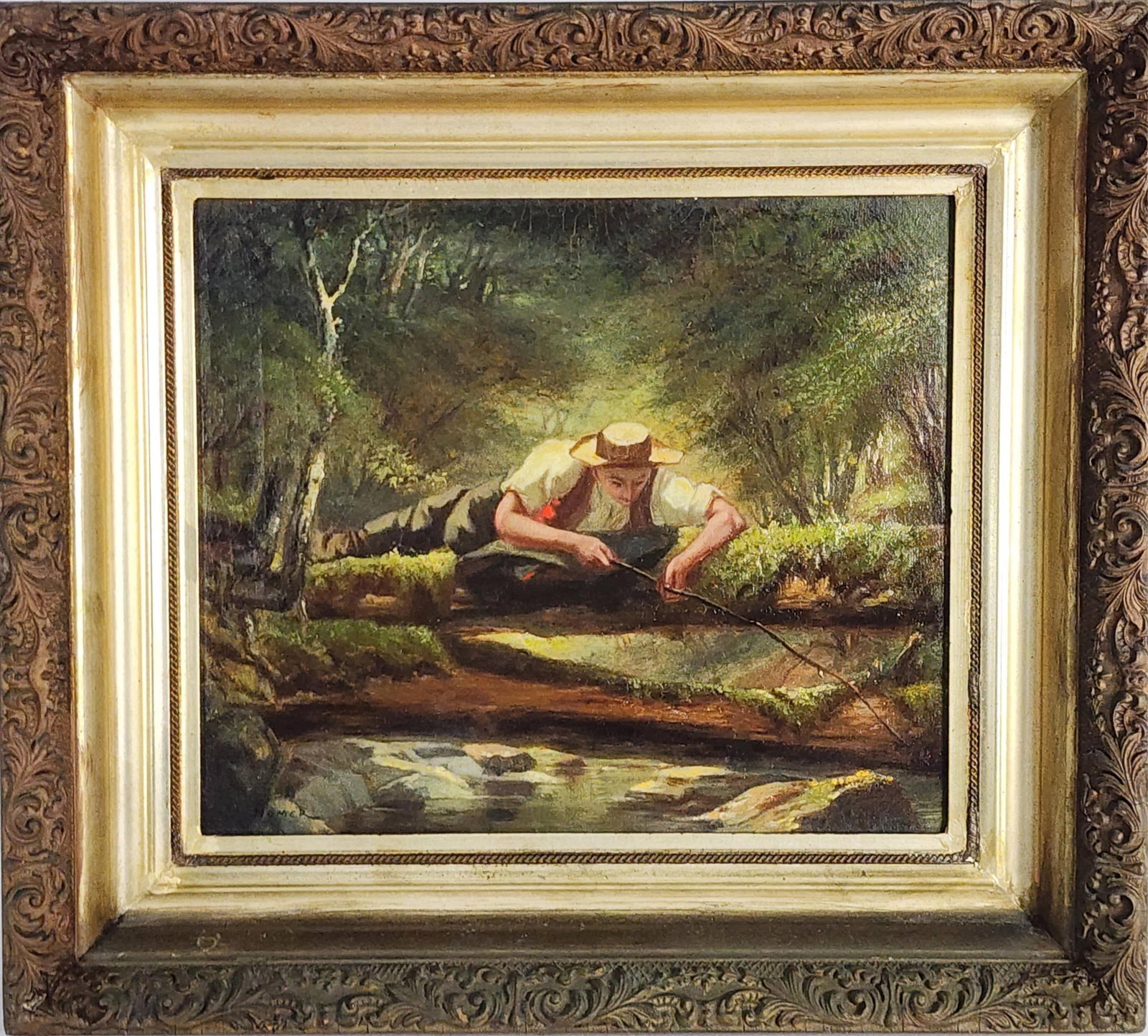 American School (Late 19th Century) Manner of Winslow Homer (1836-1910) Man Fishing over Creek,: American School (Late 19th Century) Manner of Winslow Homer (1836-1910) Man Fishing over Creek, Signed Homer lower right, Oil on canvas, 12" x 14" , Framed-17 3/8" x 19 1/2"