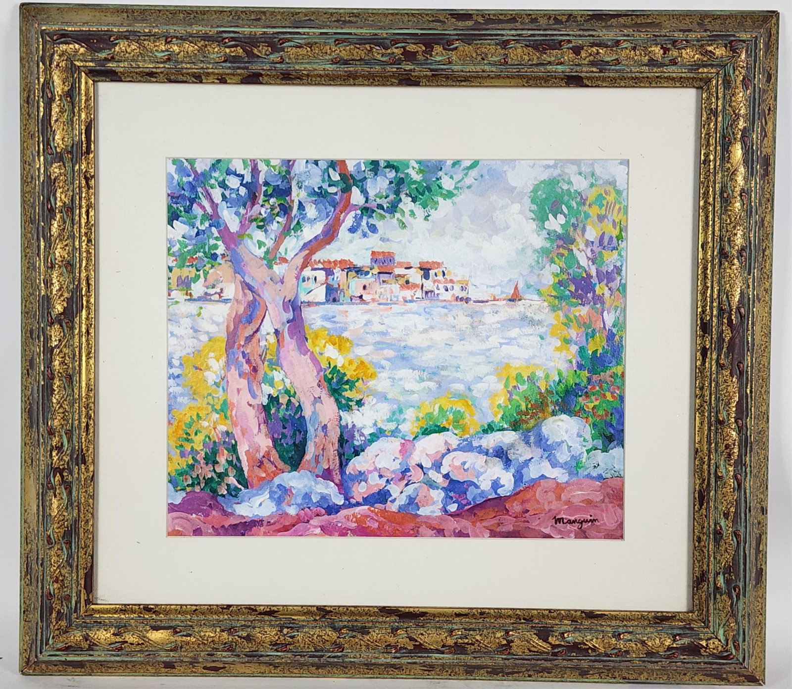 Henri Manguin (French, 1874–1949) Landscape on Lake with Town in Distance, Signed Manguin: Henri Manguin (French, 1874–1949) Landscape on Lake with Town in Distance, Signed Manguin lower right, Sight-10 1/2" x 12 3/4", Framed-19" x 21 1/4"