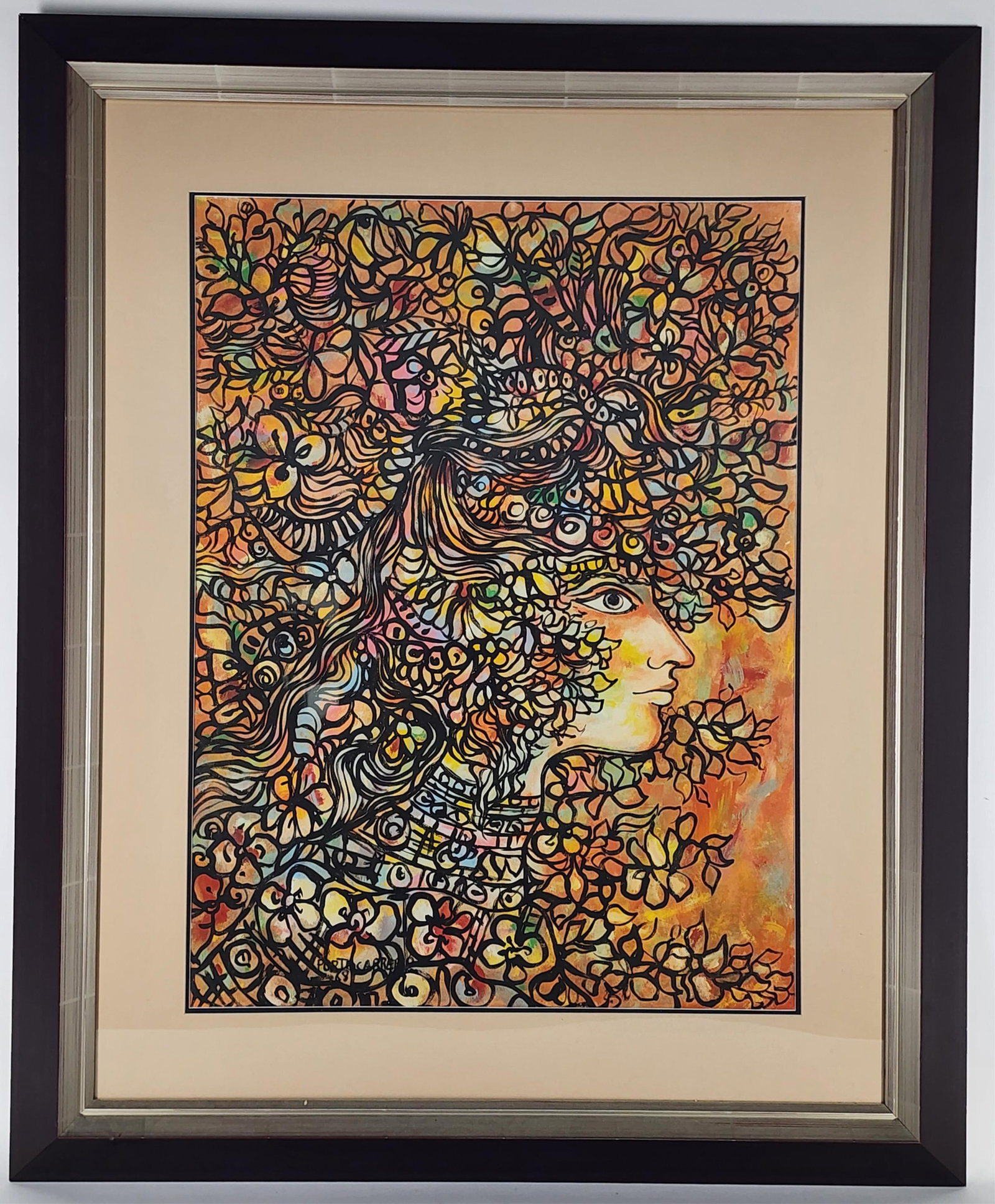 Rene Portocarrero (Cuban, 1912-1985) Perfil de Mujer, Signed and dated '68 lower left, Mixed media: Rene Portocarrero (Cuban, 1912-1985) Perfil de Mujer, Signed and dated '68 lower left, Mixed media on paper, Sight-30 3/8" x 22 3/4", Framed-44" x 36"