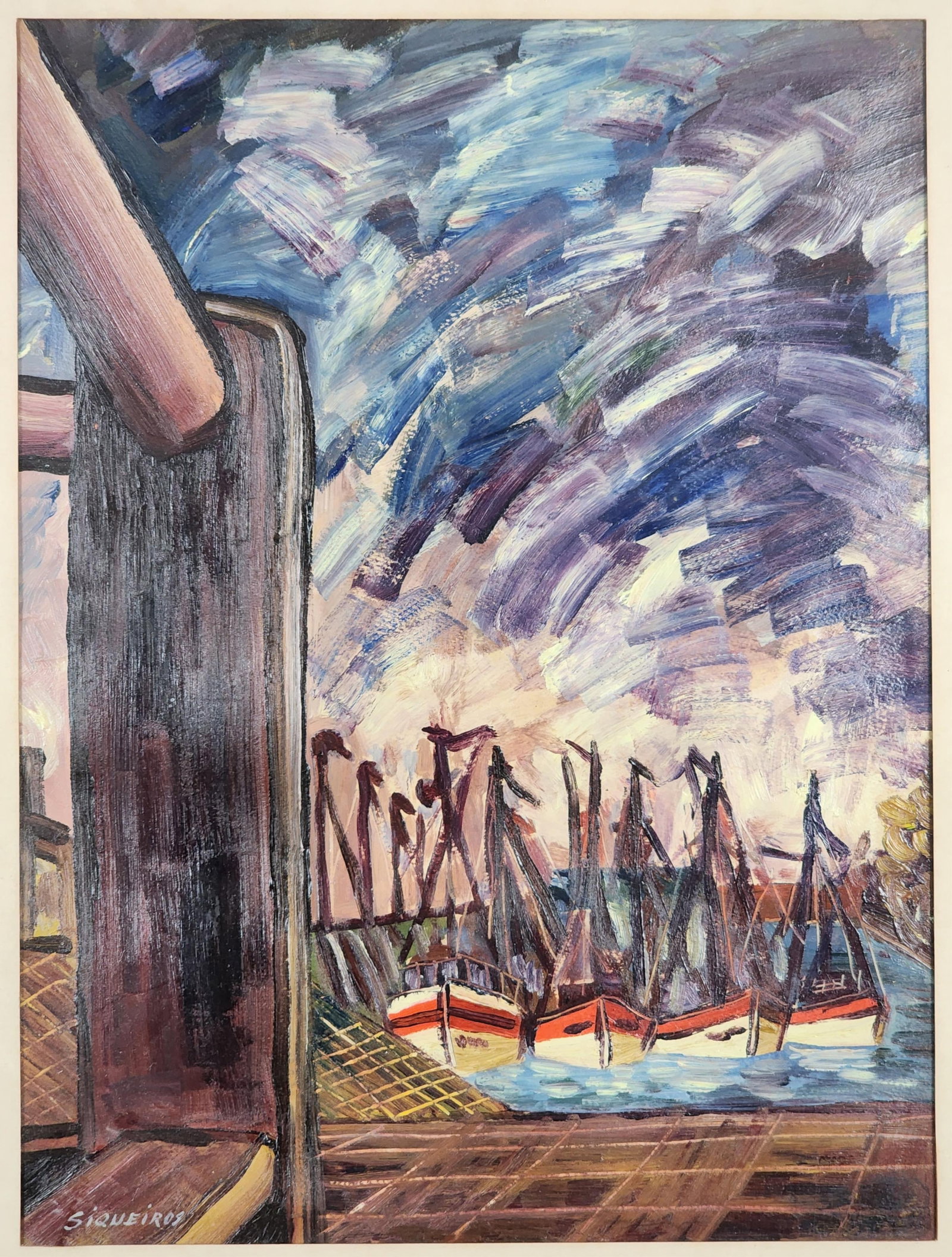 David Alfaro Siqueiros (Mexican, 1896–1974) Moored Fishing Boats and Dock, Signed Siquieros (1 of 5)