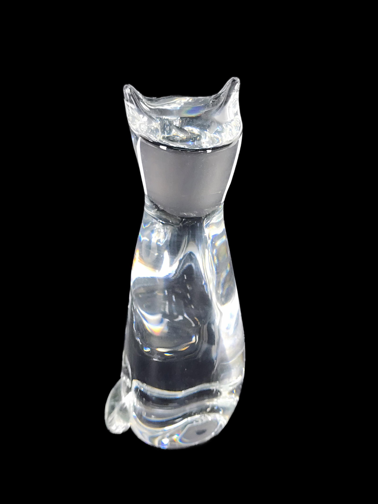 Large Steuben Colorless Glass Figure of a Cat, marked underside, 8 1/2" h. 3 1/2" w. 3 1/4" d. (1 of 3)
