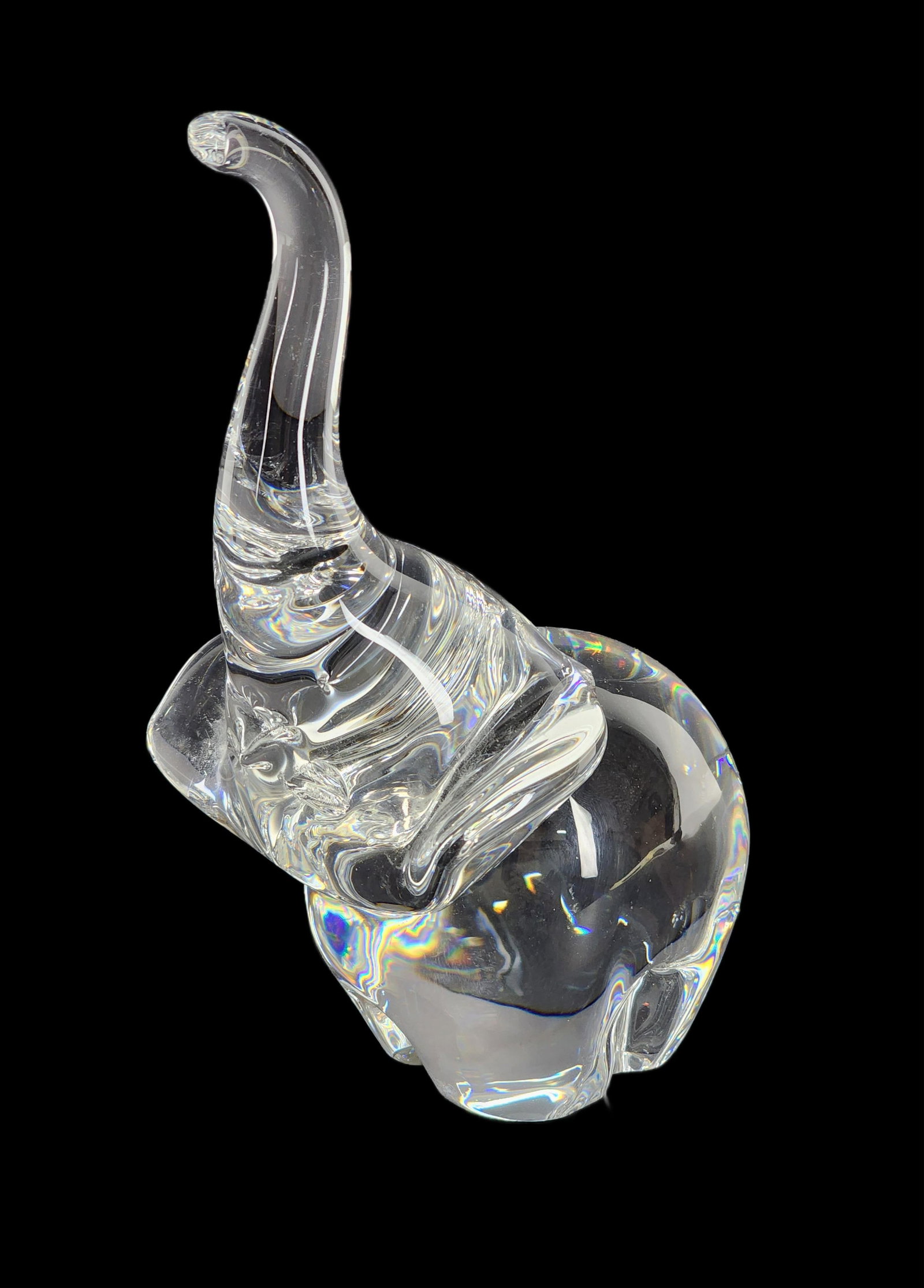 Large Steuben Colorless Glass Figure of a Elephant, marked underside, 8 1/4" h. 3 1/2" w. 4" d. (1 of 4)