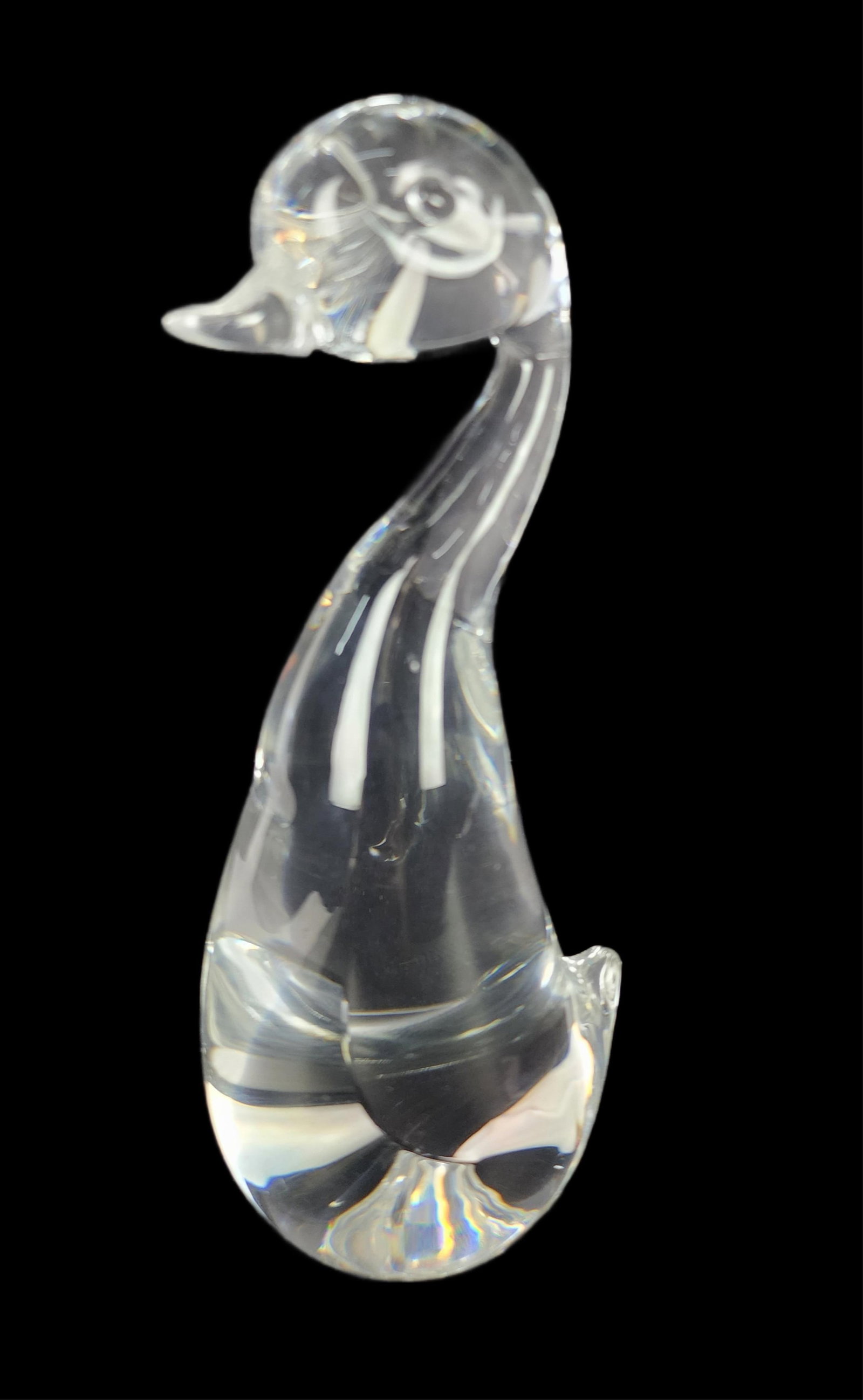 Steuben Colorless Glass Figure of a Duck, marked underside, 8 1/2" h., 2 1/4" w., 3 1/4" d. (1 of 4)