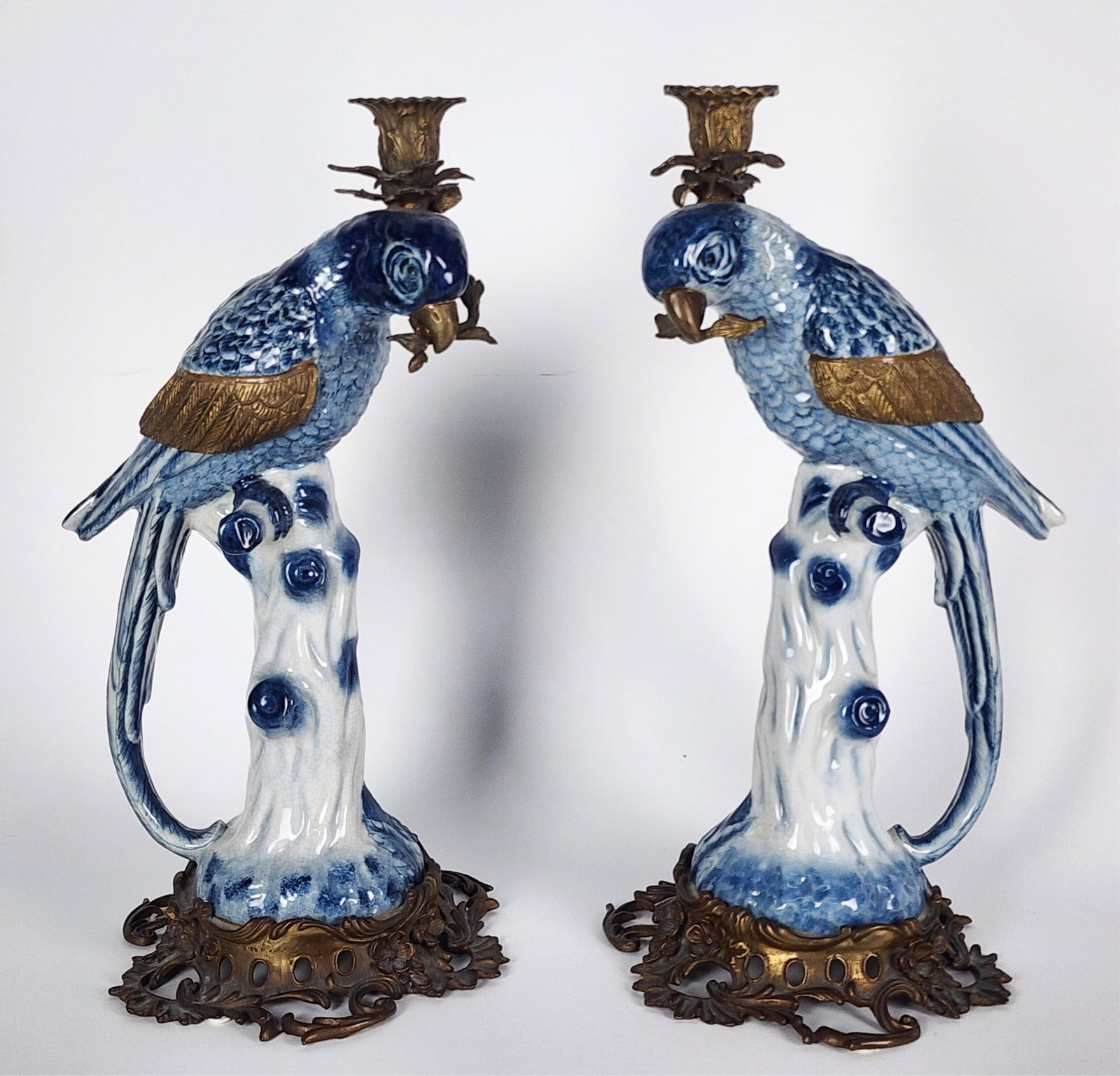 Pair of Porcelain Bronze Mounted Parrot Candleholders, 20th Century, 16 1/4" h. 7 1/2" w.8 1/2" d. (1 of 6)