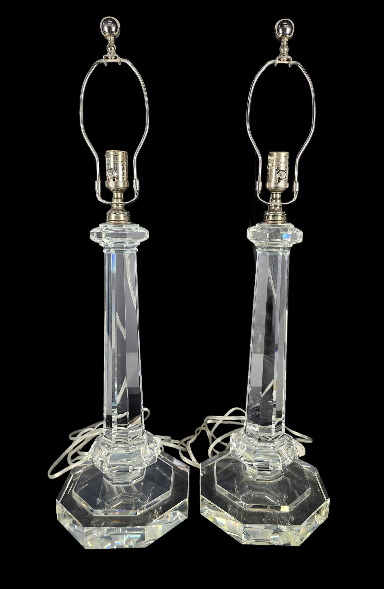 Pair of Contemporary Tall Glass Faceted Columnar Table Lamps, 32 1/2" h. 8 1/2" d. 8 3/4" d., the (1 of 6)