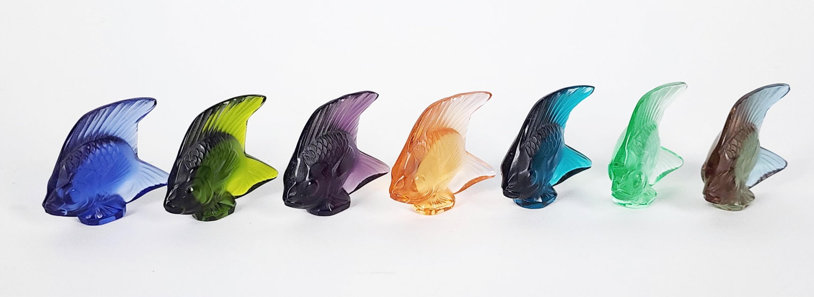 Group of Seven French Lalique Crystal Colored Glass Fish, all signed Lalique, France, 1 3/4" h. 2" (1 of 5)