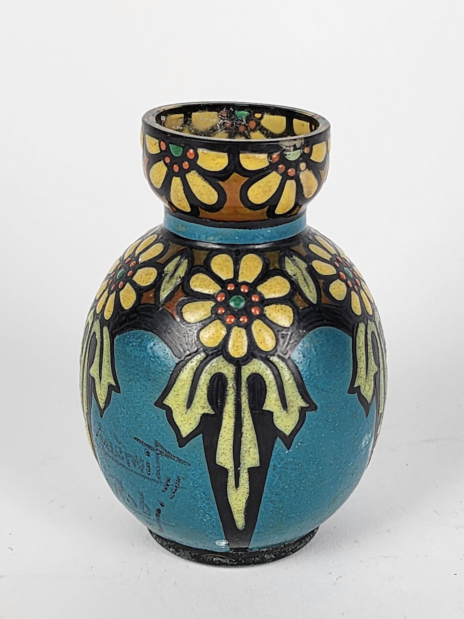 French Art Deco ROBJ Glass Enameled Vase, signed by Henri Quenvil, 4 1/2" h. 3" w. (1 of 4)