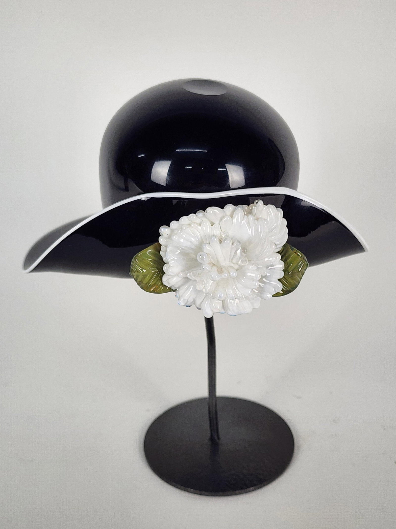 Studio Art Glass Hat with Flower on Stand, 20th Century, Signed and dated '03, 5" h. 9" w. 9" d. (1 of 4)