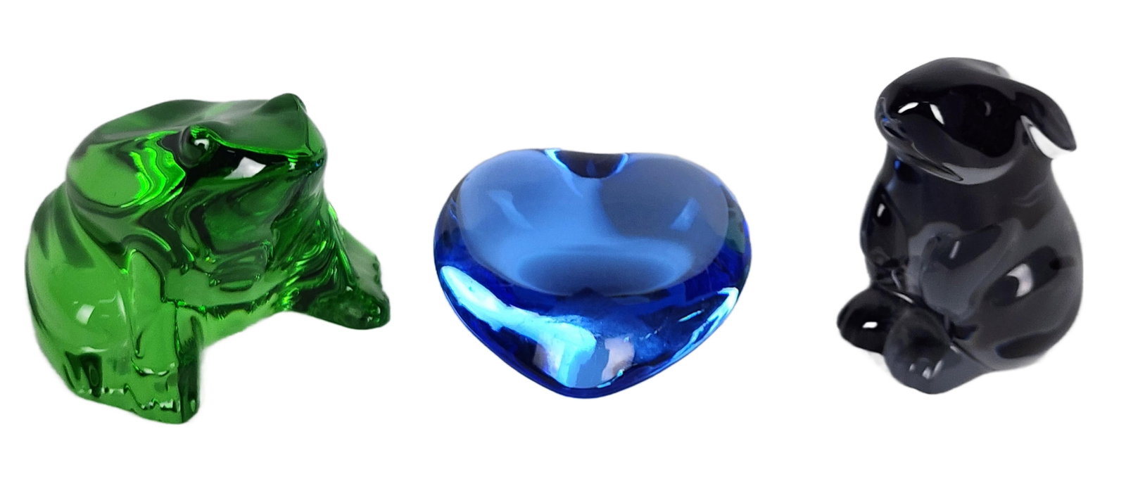 Three Baccarat Color Glass Figures to include: Green Frog, Smoky Gray Rabbit, and Blue Heart, all (1 of 3)