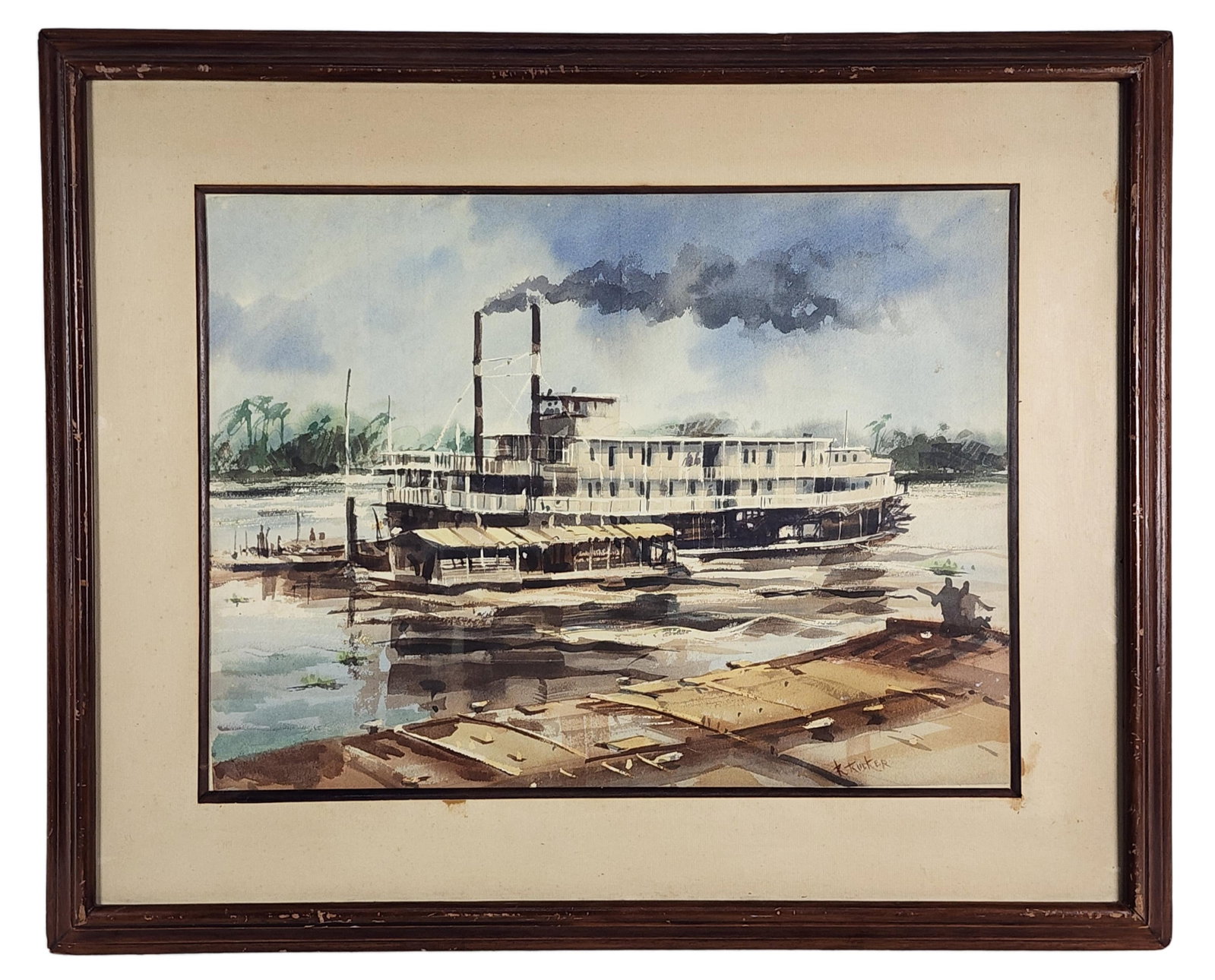 Robert Malcolm Rucker (American, 1932–2001) Paddlewheel Steamship on River, Signed R. Rucker: Robert Malcolm Rucker (American, 1932–2001) Paddlewheel Steamship on River, Signed R. Rucker lower right, Watercolor on paper, 18" x 24", Framed-26 1/2" x 32 1/2"
