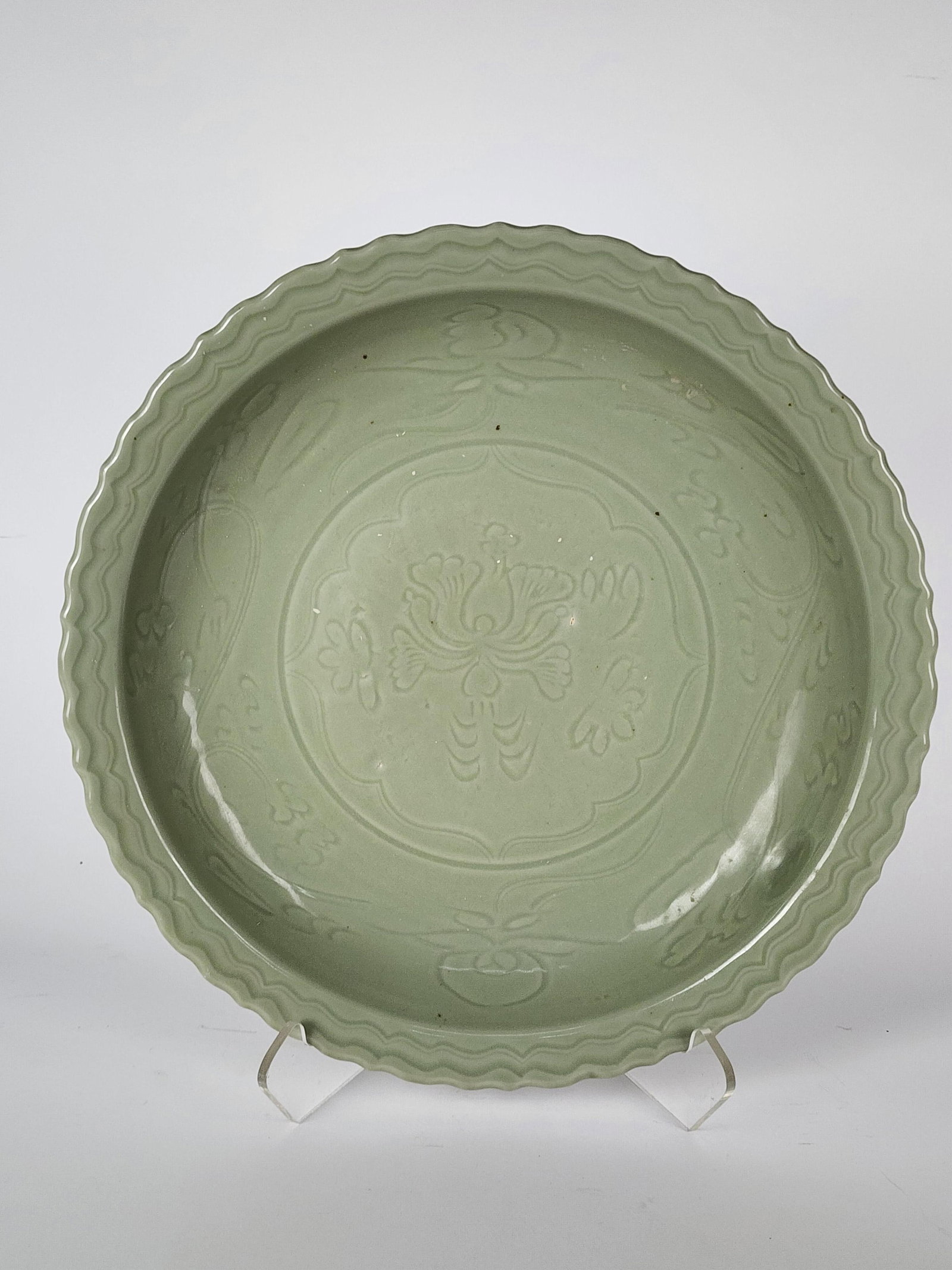 Chinese Longquan Porcelain Celadon Glazed Charger, possibly Ming, 16 1/2" dia. (1 of 5)