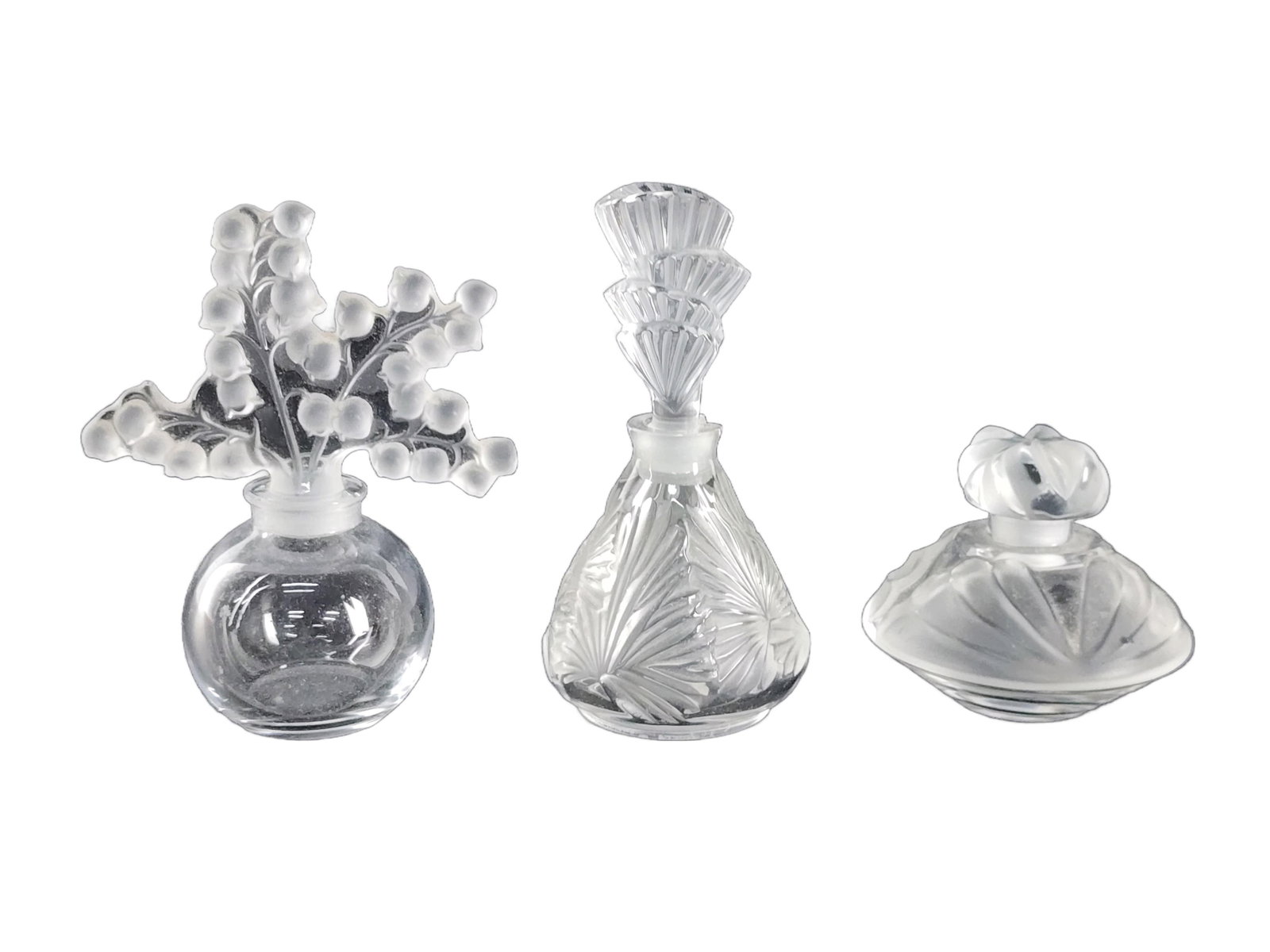 Three French Crystal Lalique Perfume Bottles, all marked Lalique, France underside, Tallest-4 3/4" (1 of 5)