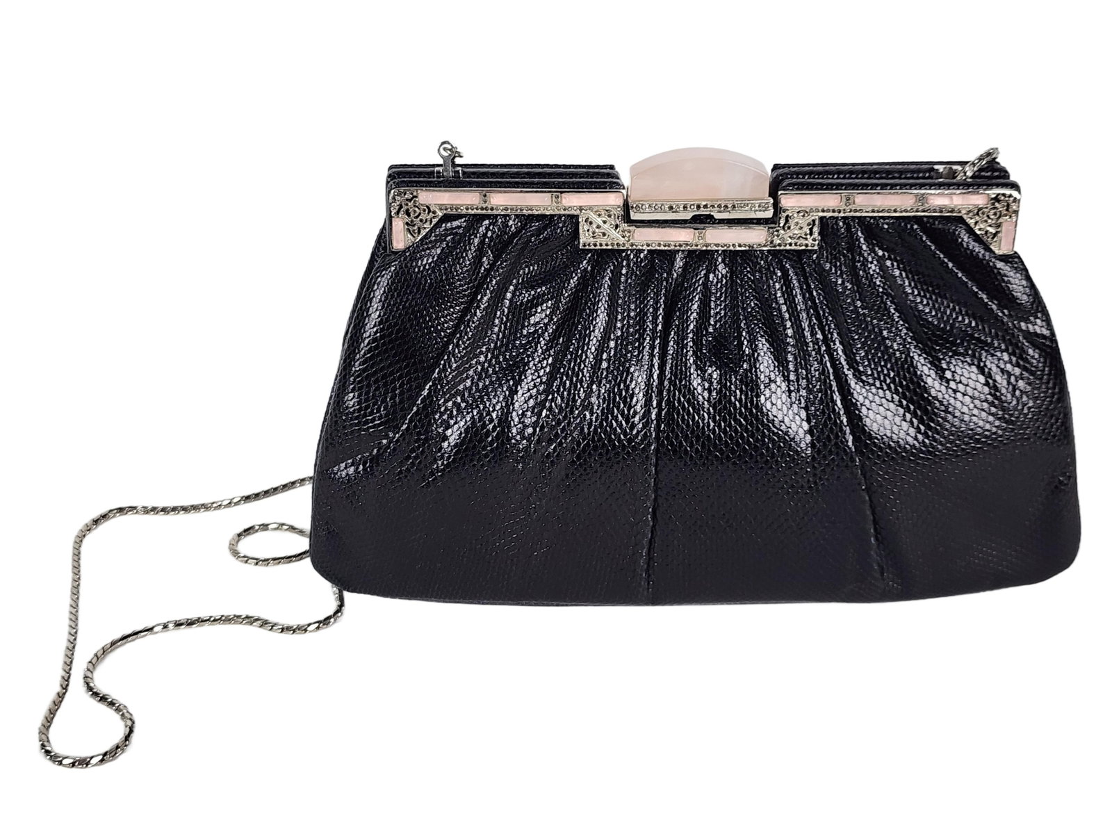 Vintage Judith Leiber Karung Snakeskin Evening Bag with Silver Tone Frame and Oval shaped rose: Vintage Judith Leiber Karung Snakeskin Evening Bag with Silver Tone Frame and Oval shaped rose quartz push lock, convertible with a hidden chain link shoulder strap to become a clutch or shoulder bag,