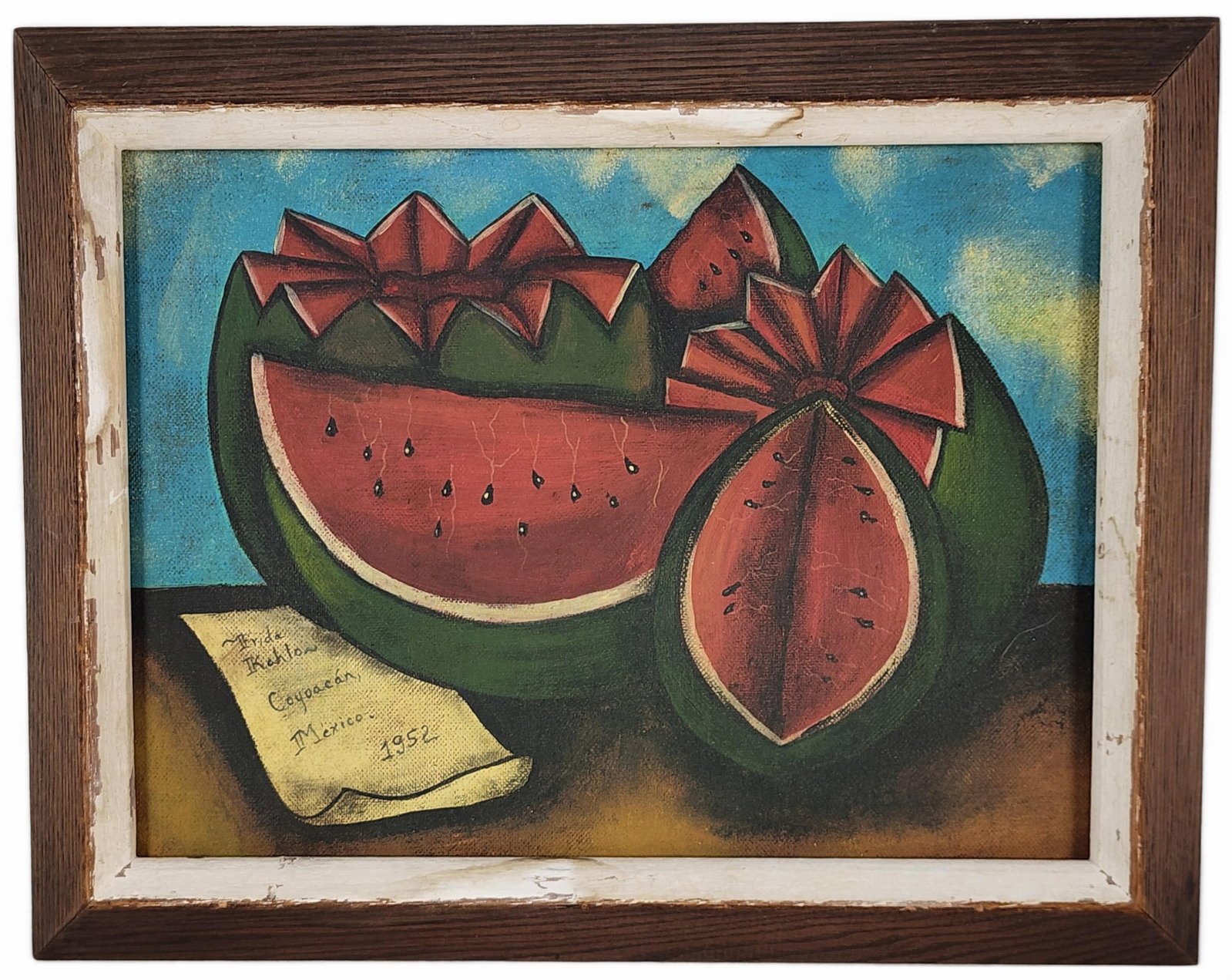 Frida Kahlo (Mexican, 1907-1954) Attributed to, Watermelons, Signed, inscribed Coyoacan, Mexico and: Frida Kahlo (Mexican, 1907-1954) Attributed to, Watermelons, Signed, inscribed Coyoacan, Mexico and dated 1952, Oil on board, 9" x 12", Framed-11 1/2" x 14 1/2"