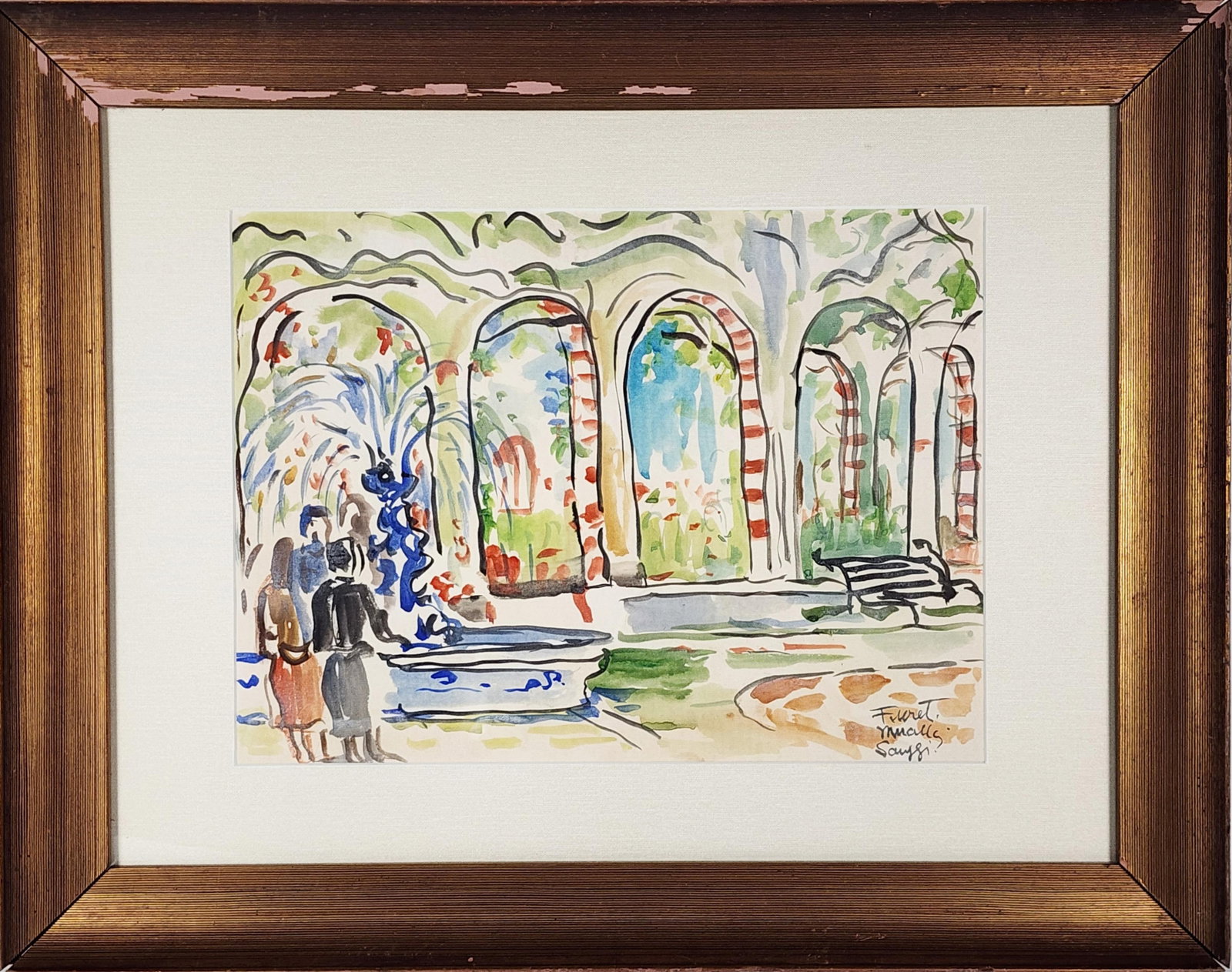 Fikret Muallâ Saygi (Turkish, 1903–1967) Garden Scene with Figures, Signed Fikret Mualla: Fikret Muallâ Saygi (Turkish, 1903–1967) Garden Scene with Figures, Signed Fikret Mualla Saygi lower right, Watercolor on paper, Sight-11 1/2" x 15 1/2", Framed-19 3/4" x 24 7/8"