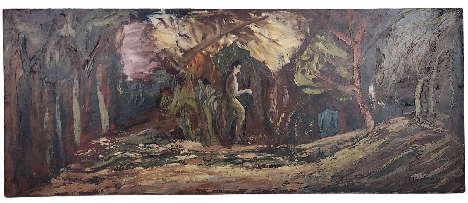 Inji Efflatoun (Egyptian, 1924-1989) Field Workers, Signed Inji Efflatoun and dated '55 lower right,: Inji Efflatoun (Egyptian, 1924-1989) Field Workers, Signed Inji Efflatoun and dated '55 lower right, Oil on board, 9 3/4" x 23 7/8", unframed.