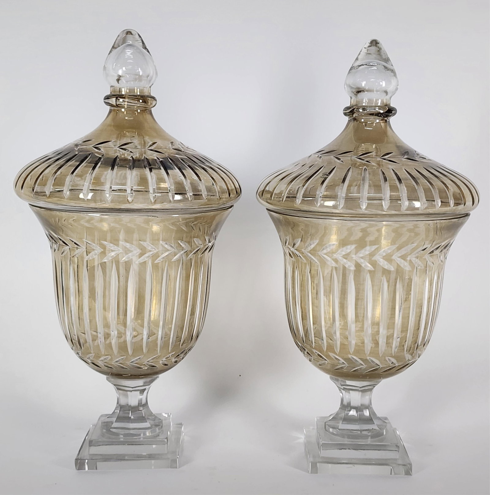 Pair of Hollywood Regency Style Smoky Cut Glass Lidded Urns, 20th Century, 17 3/4" h. 9" w. (1 of 5)