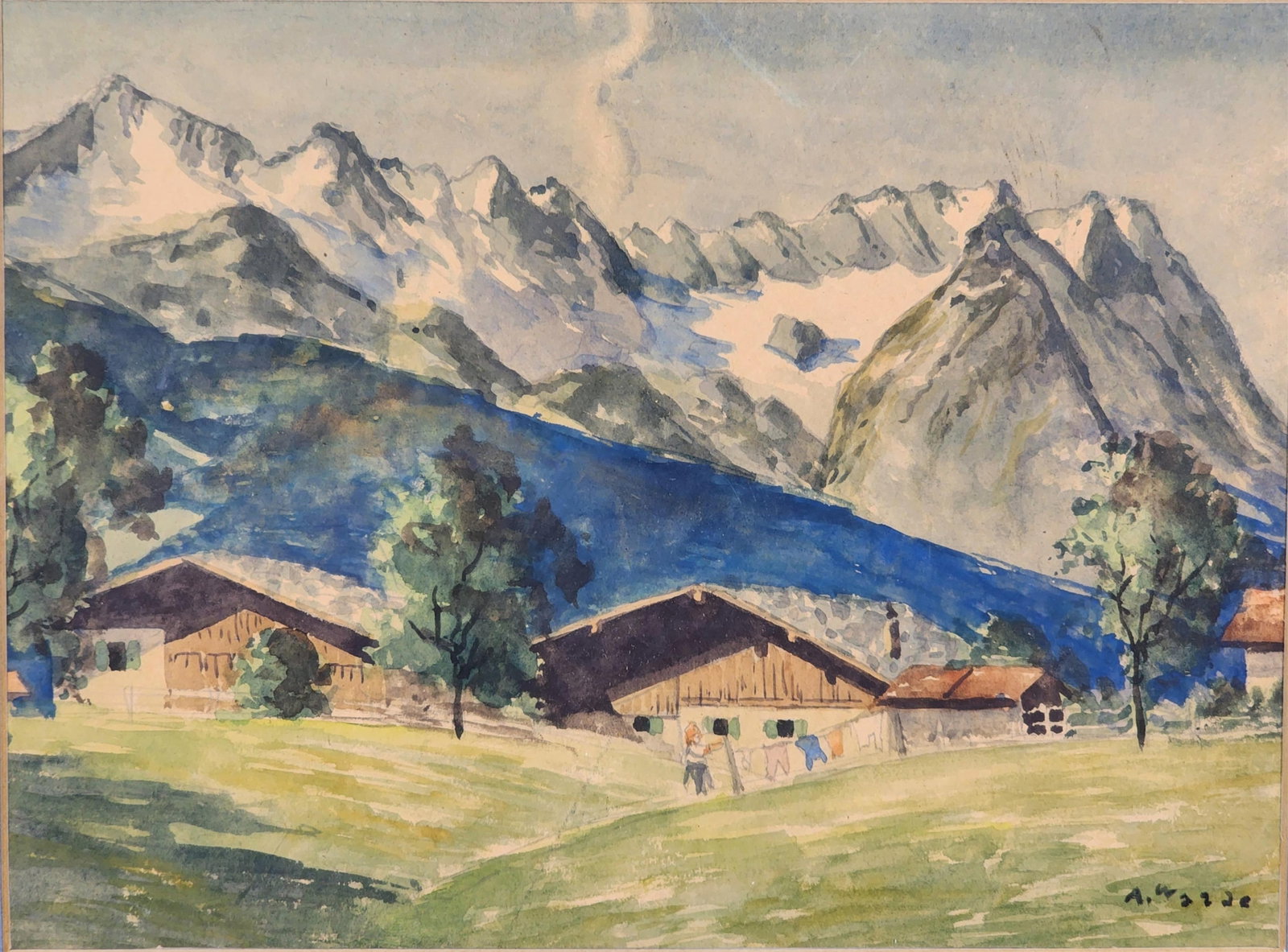 Alfons Walde (Austrian, 1891–1958) Attrubuted to, Swiss Alps Chalet with Washline, Signed A.: Alfons Walde (Austrian, 1891–1958) Attrubuted to, Swiss Alps Chalet with Washline, Signed A. Walde lower right, watercolor on paper, Sight-7 1/2" x 9 3/4", Framed-15 1/2" x 17 1/2"