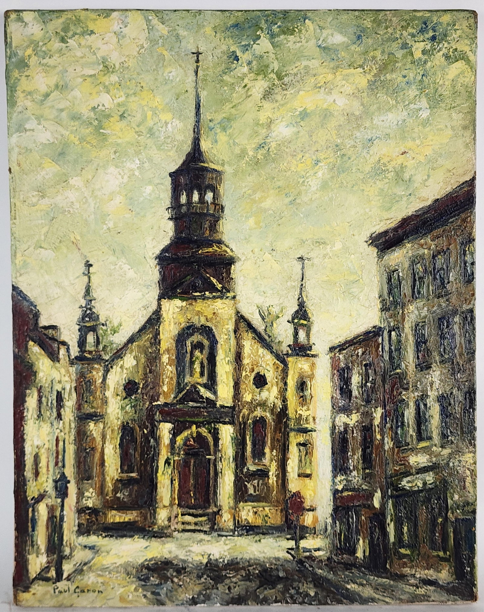 Paul Archibald Caron (Canadian, 1874–1941) Church with Buildings, Signed Paul Caron lower (1 of 4)